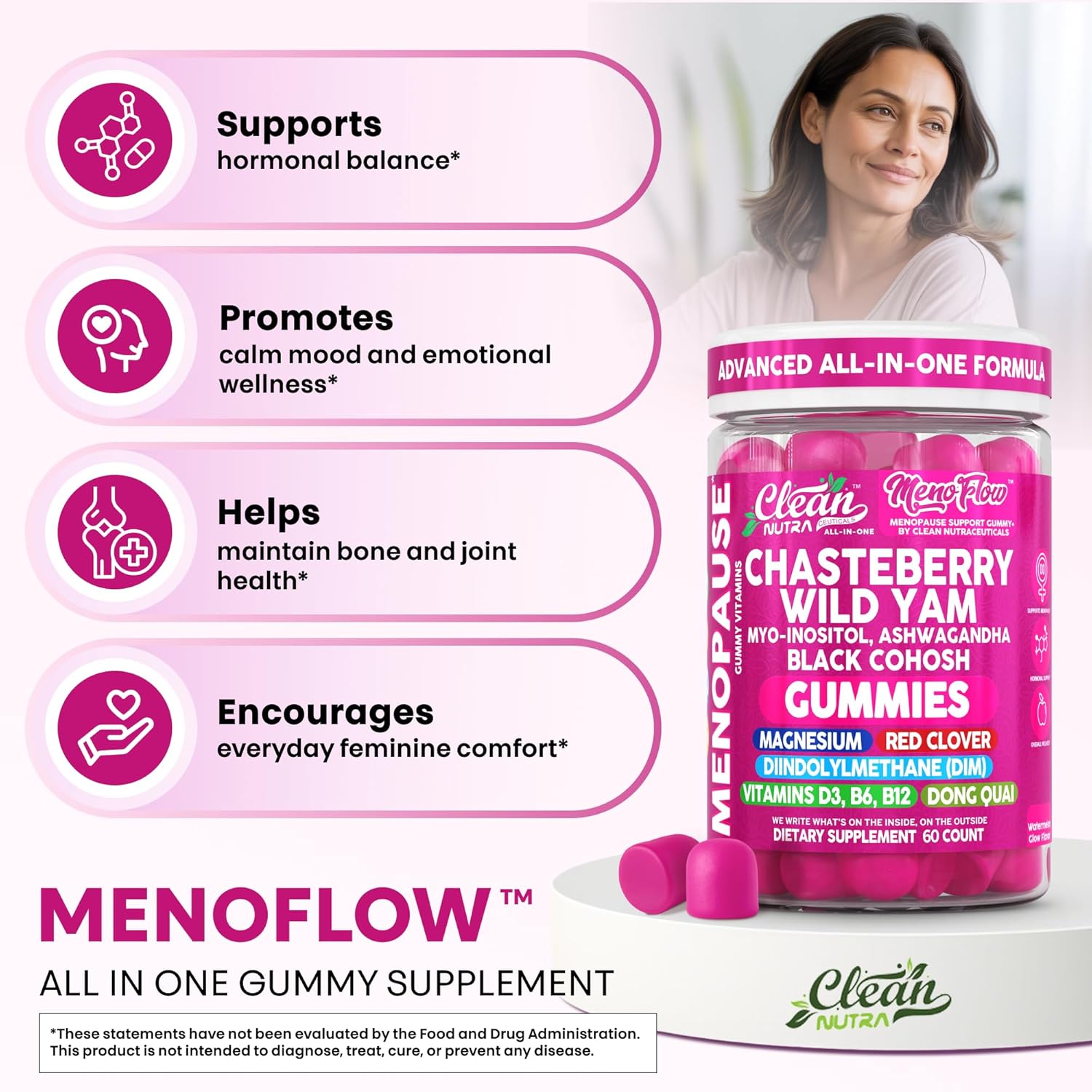 Clean Nutra Chasteberry Wild Yam Menopause Gummies Inositol Black Cohosh Magnesium Red Clover DIM Supplement B6 Magnesium Glycinate Glycine Vitex Hormone Balance for Women Gummy Vitamins 60 Count