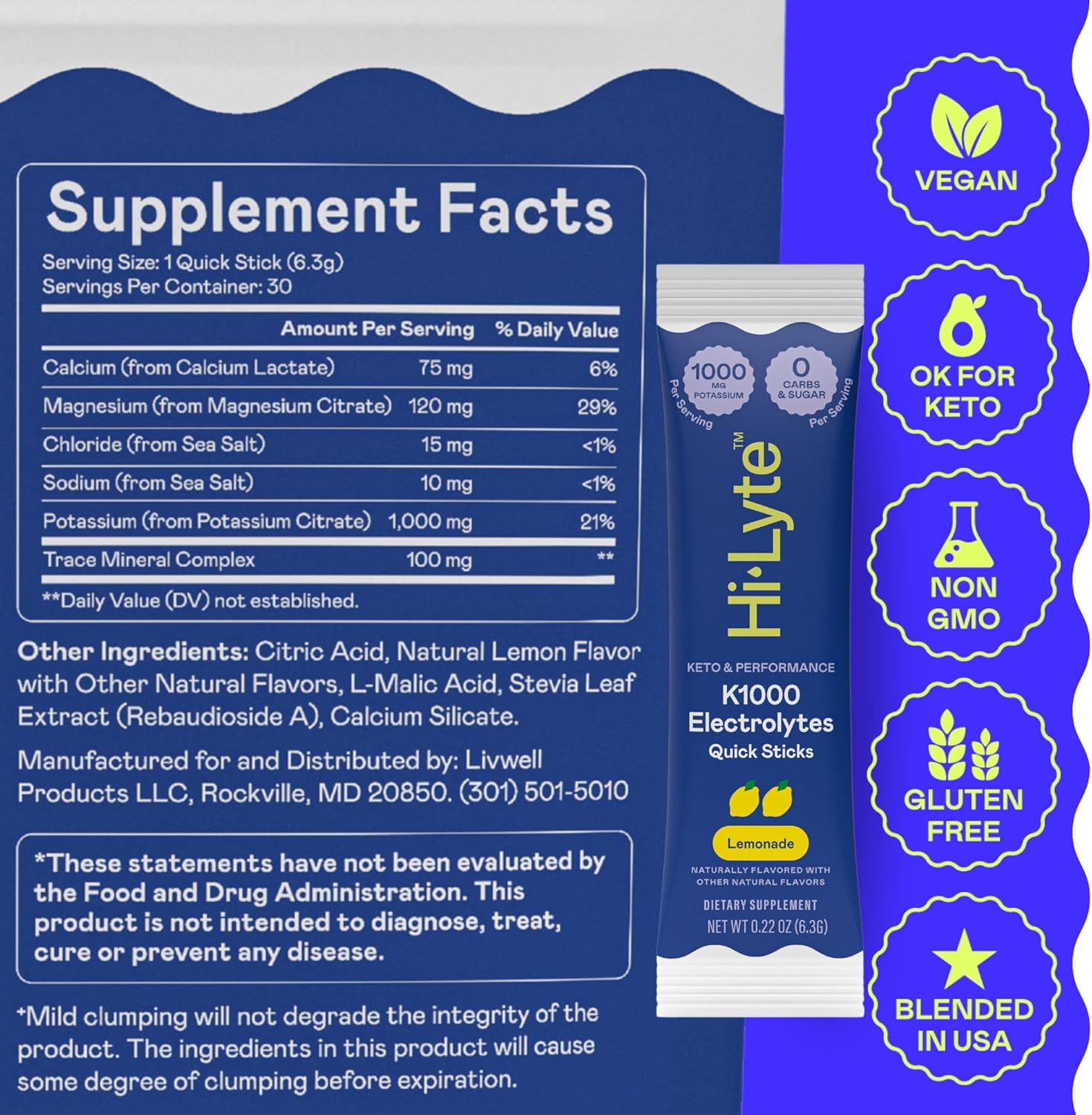 Hi-Lyte K1000 Electrolytes Sticks Lemonade Keto & Performance, 30 Servings
