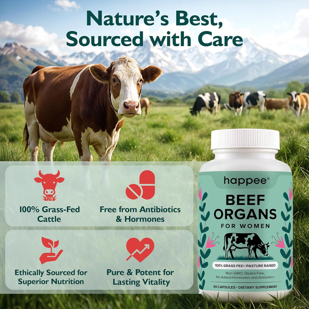 Happee Grass Fed Beef Organ Supplement for Women - Beef Liver, Heart, Kidney, Ovary & Uterus Blend - Hormone Balance, Energy & Wellness Support - Nutrient Rich Superfood - 90 Capsules