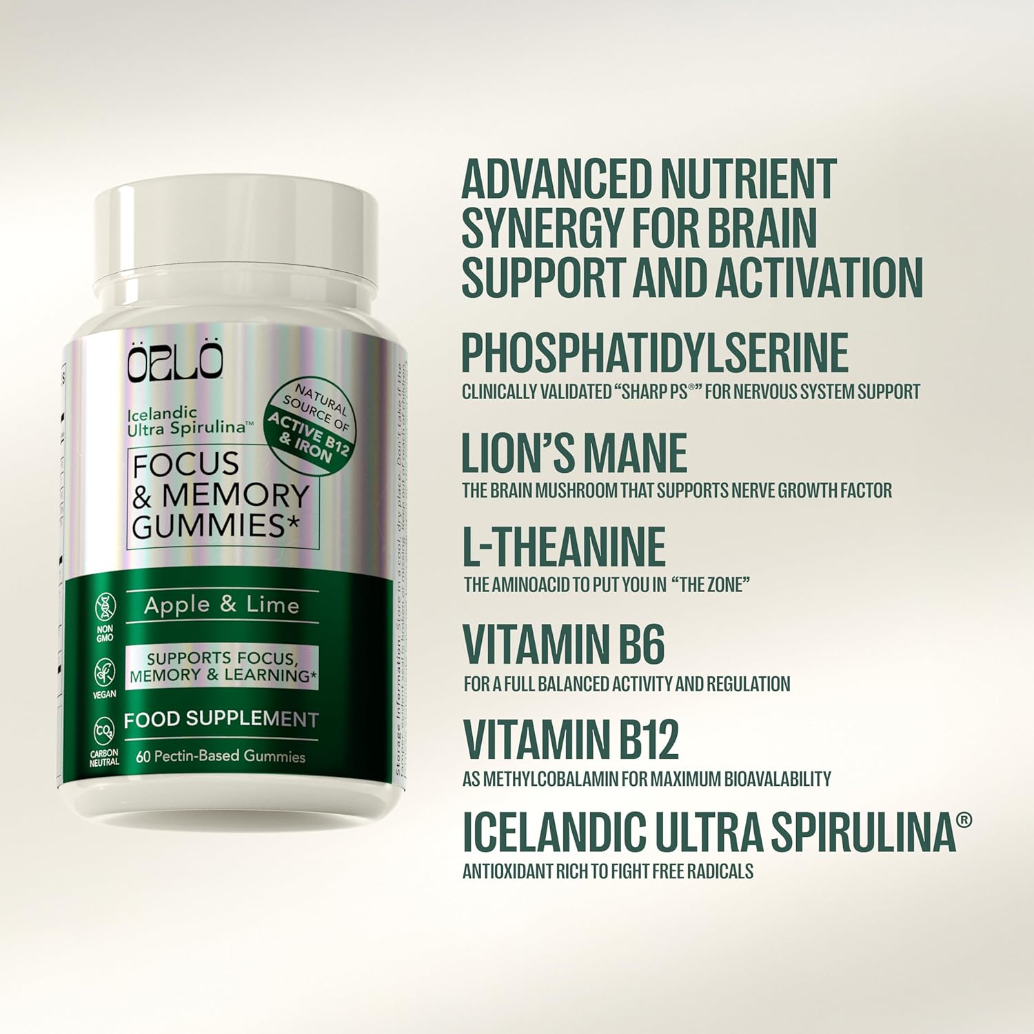 ORLO Focus & Memory Gummies – Brain Health & Cognitive Support for Adults with Lion’s Mane Mushroom, L-Theanine & Phosphatidylserine, Nootropic Supplement for Focus, Clarity & Memory, 60 Vegan Gummies