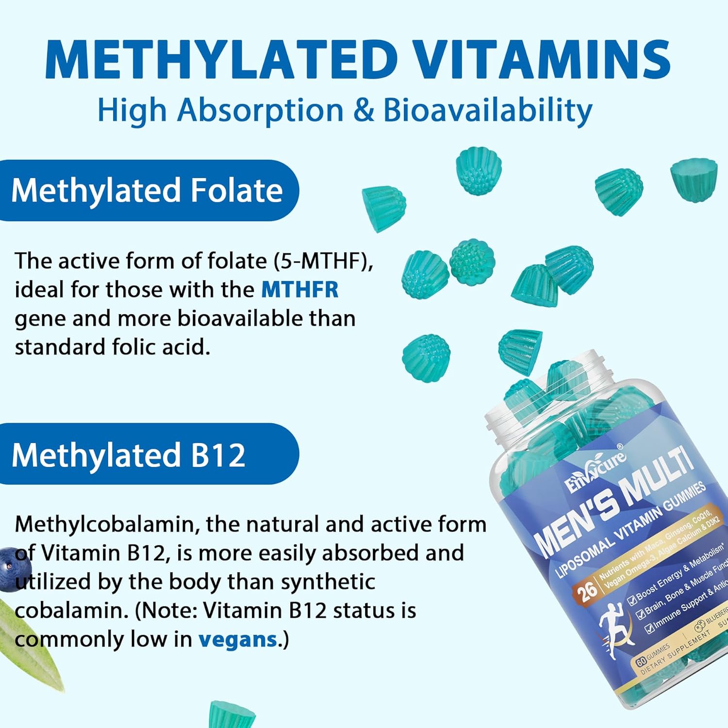 Methylated Multivitamin for Men Gummies, Vegan Omega 3, CoQ10, Zinc, Vitamin A C D3 K2 E B Complex, Calcium, Magnesium, Lycopene - Liposomal Vitamins - Energy, Immune, Bone, Brain, Sugar Free, 120 Cts