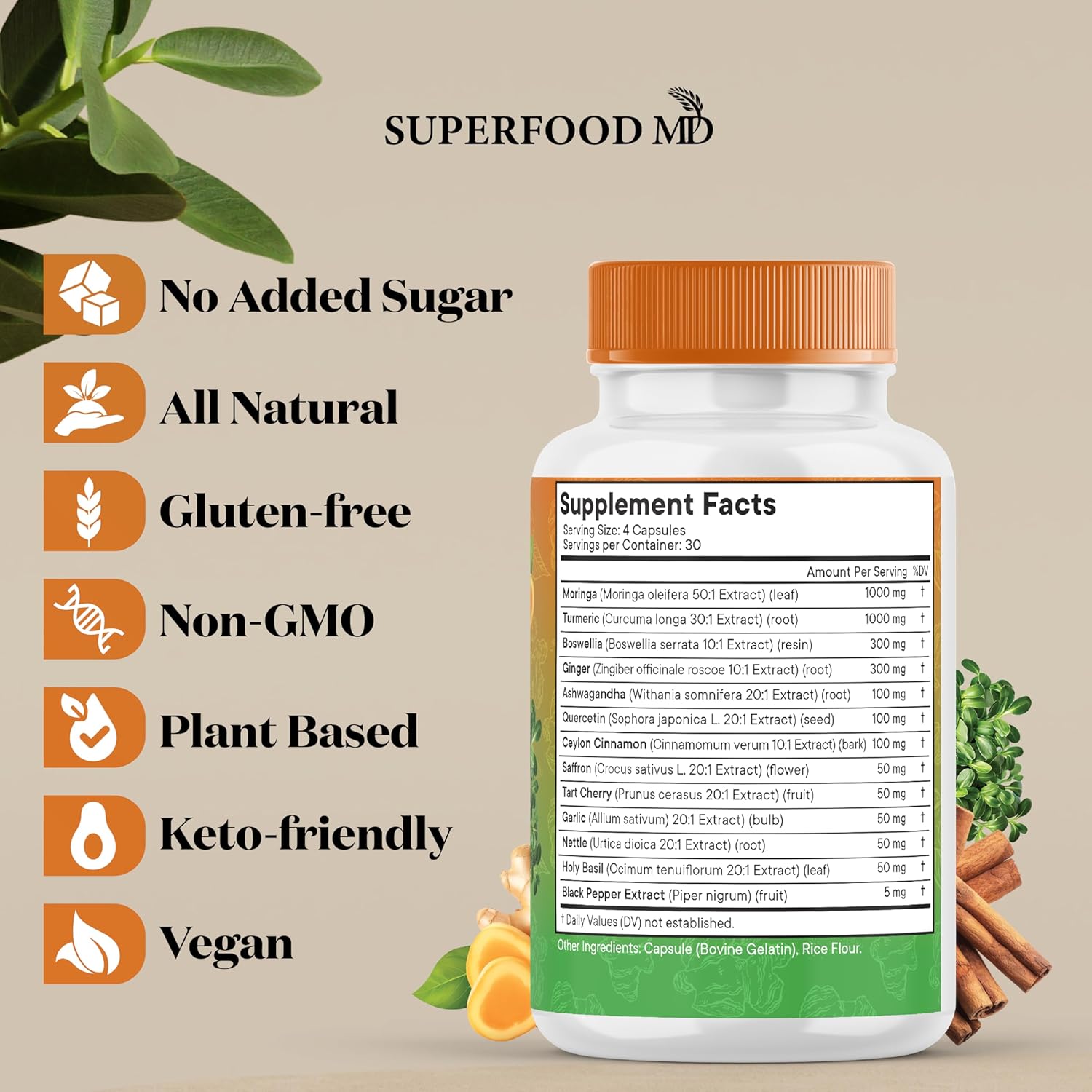 Turmeric Moringa Supplement | Ginger, Boswellia, Saffron, Holy Basil- Joint Support Supplement for Women and Men with Ceylon Cinnamon, Quercetin, Tart Cherry- 240 Count