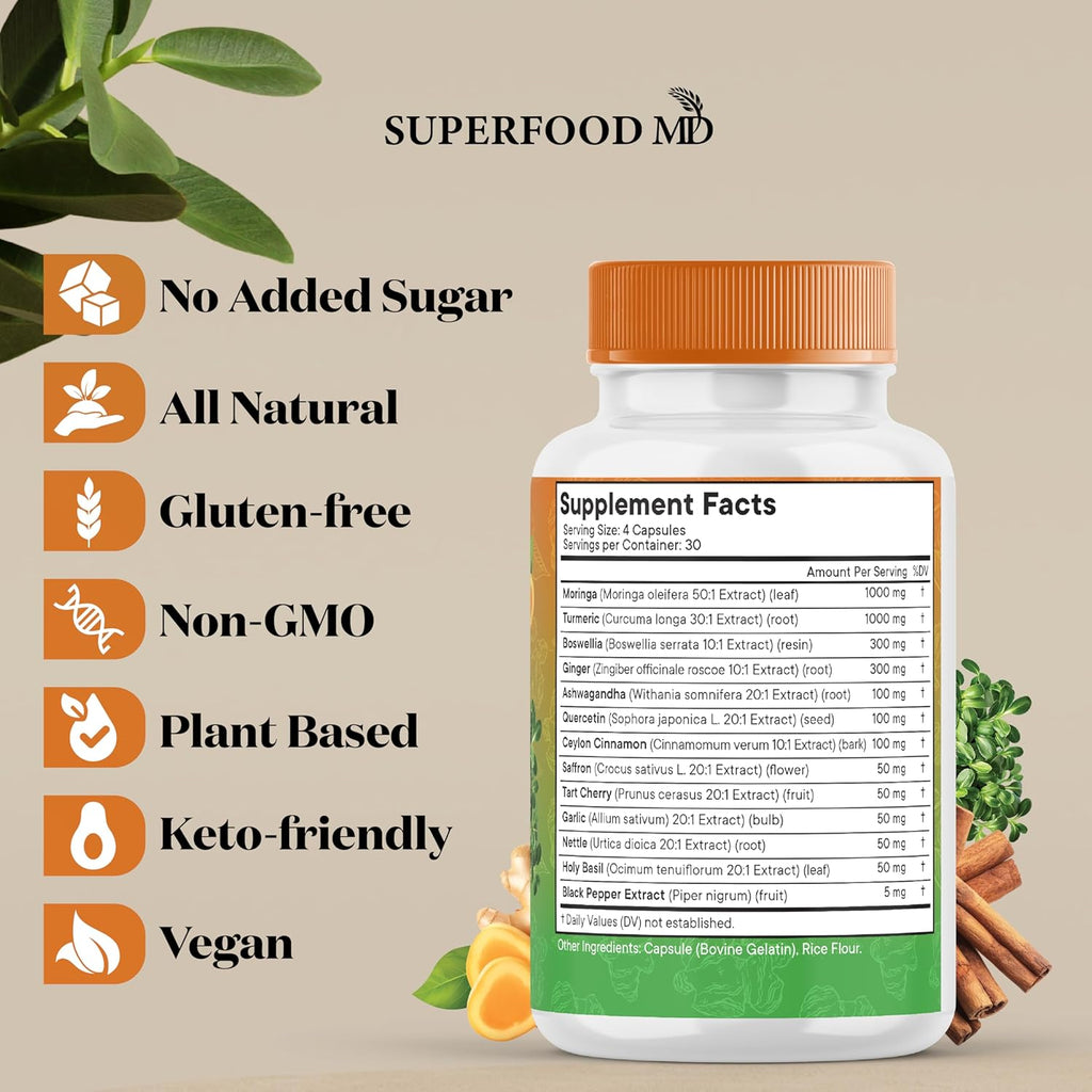 Turmeric Moringa Supplement | Ginger, Boswellia, Saffron, Holy Basil- Joint Support Supplement for Women and Men with Ceylon Cinnamon, Quercetin, Tart Cherry- 120 Count
