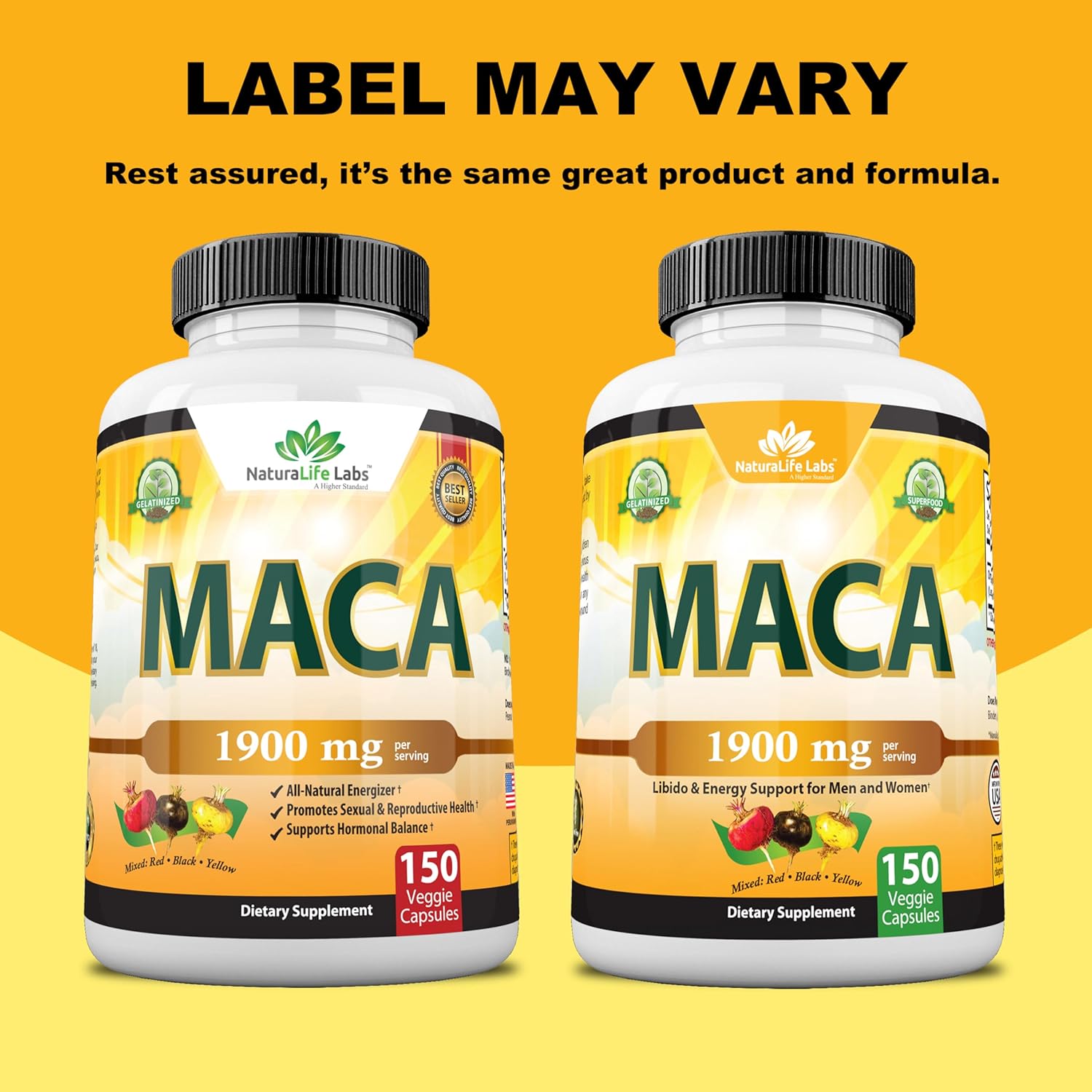 Organic Maca Root – Black, Red & Yellow – 1900 mg per Serving – 150 Vegan Capsules – Gelatinized Peruvian Maca – Non-GMO – Libido & Energy Support for Men and Women