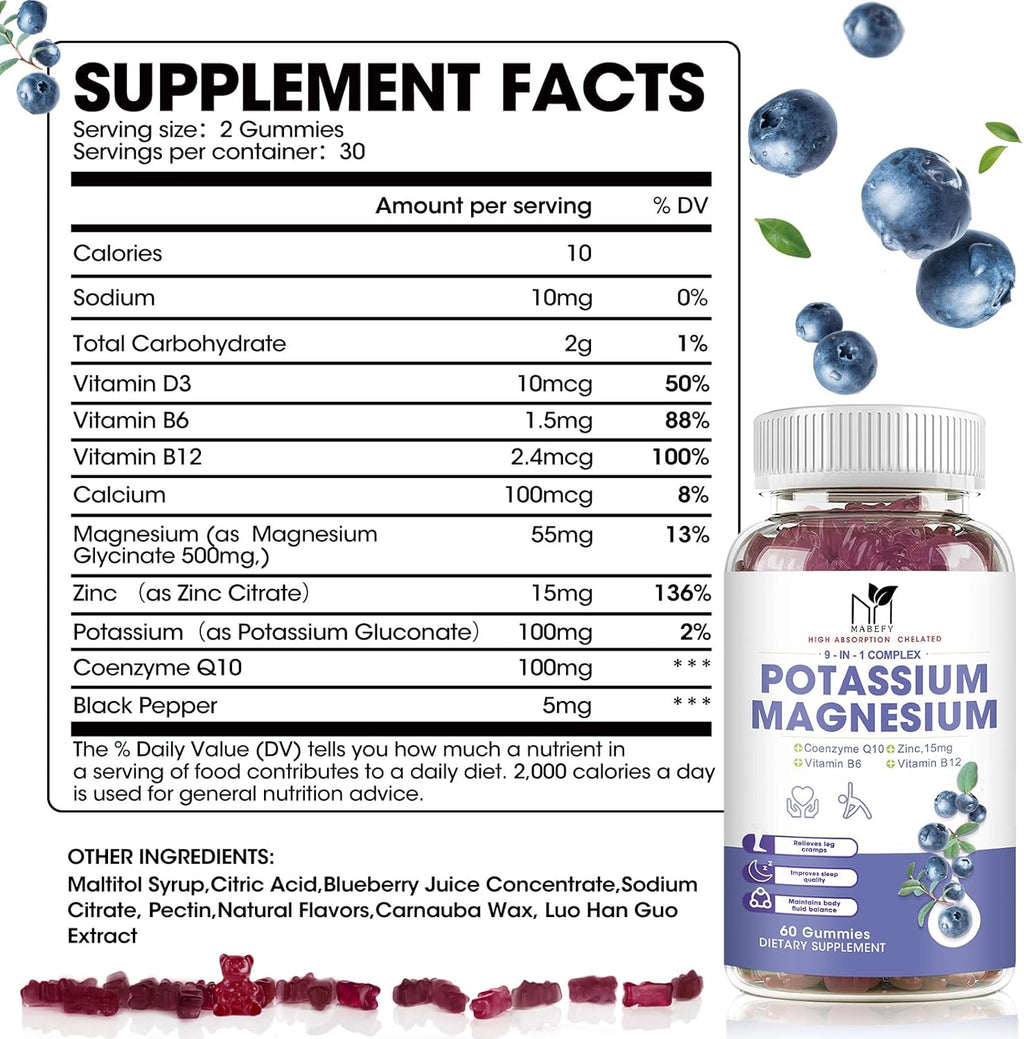 2 Pack Potassium Magnesium Gummies, Sugar-Free Potassium Gummies with Magnesium Glycinate 500mg Chewable Magnesium Potassium Supplements with Calcium, Zinc, Vitamin for Leg Cramps & Muscle