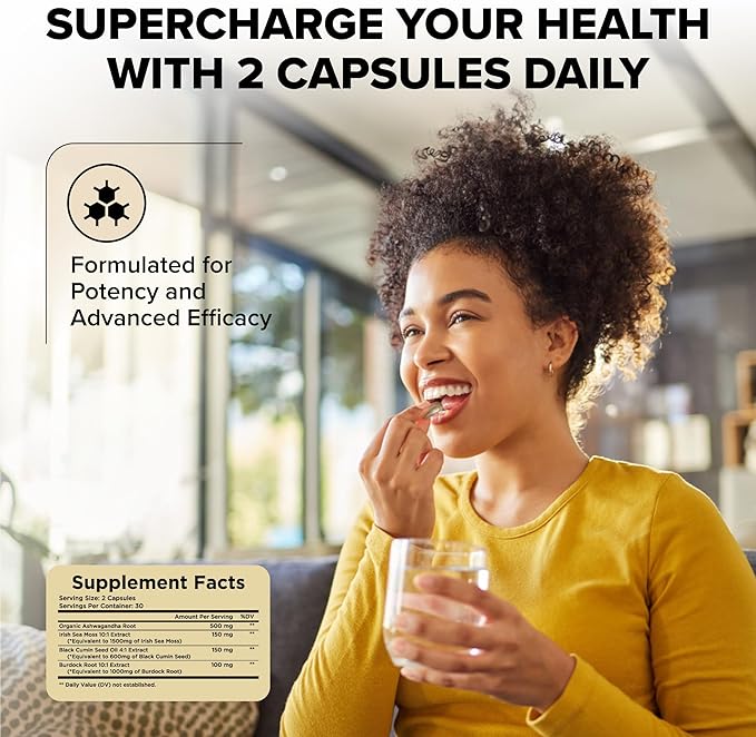 Organic Ashwagandha Root & Irish Sea Moss – 3,600 mg Ashwagandha Supplement with Black Seed Oil, & Burdock Root – Herbal Supplement for Energy, Extra Strength, 60 Caps