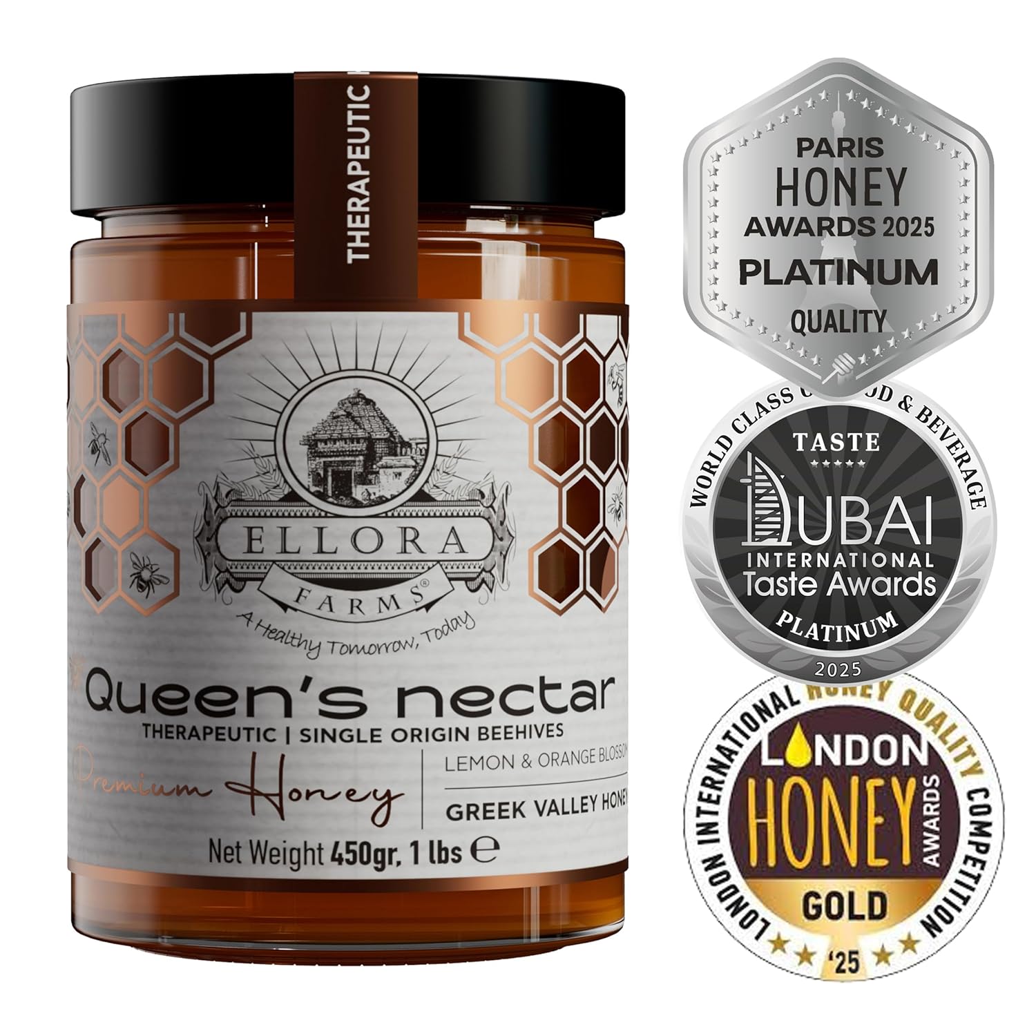 Ellora Farms Greek Honey from Greece, Lemon & Orange Blossom Raw Unpasteurized Honey, 2025 Paris Platinum Award, Non-GMO and Unpasteurized, Gift Pack with Dipper - 450 g