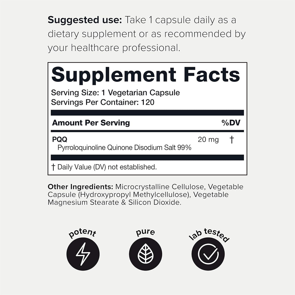 Toniiq 99%+ 20mg Supplement - Ultra High Purity PQQ 20mg Concentrated Formula - PQQ 20 mg 120 Capsules - Pyrroloquinoline Quinone Supplement - 1 Capsule Serving - Vegetarian Capsules