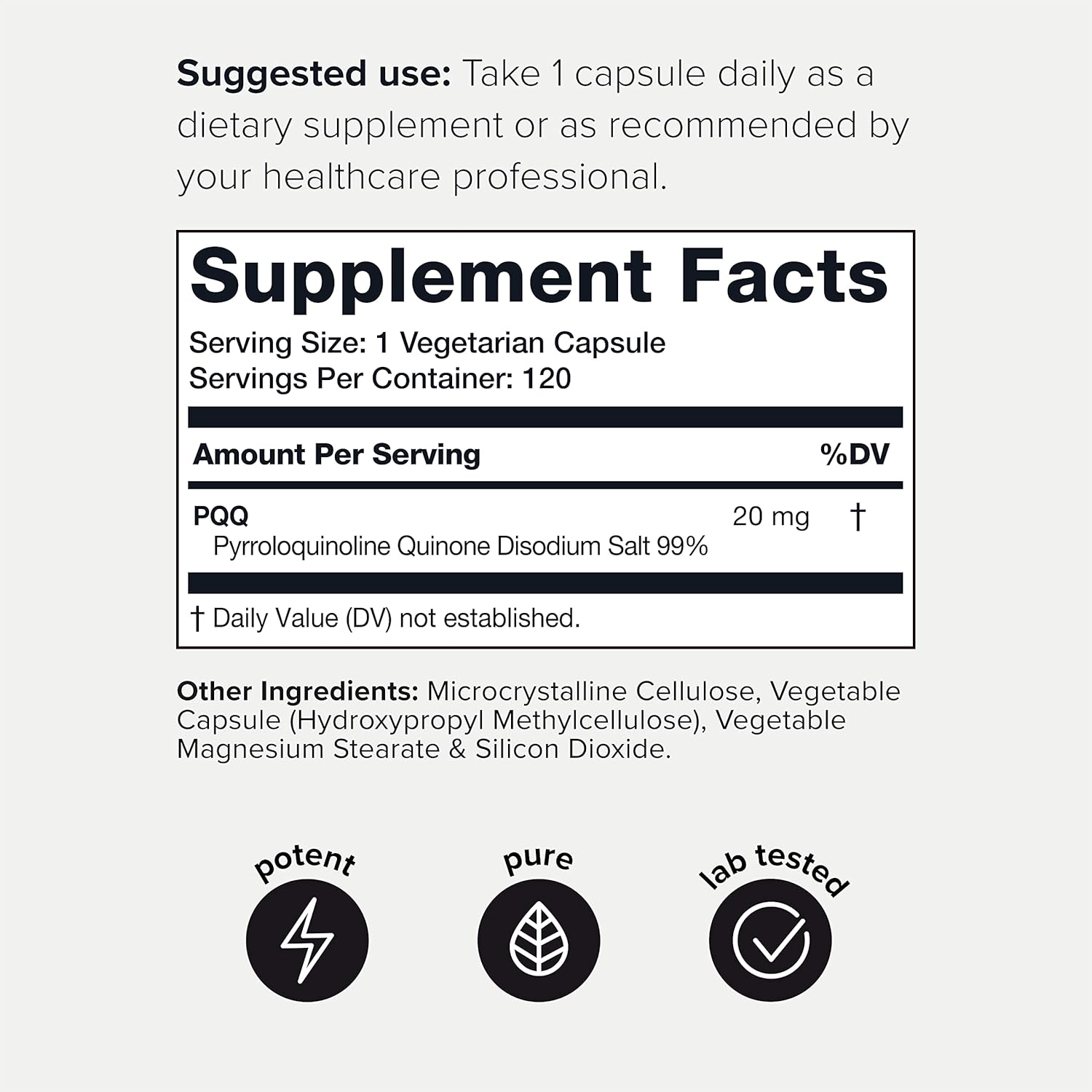 Toniiq 99%+ 20mg Supplement - Ultra High Purity PQQ 20mg Concentrated Formula - PQQ 20 mg 120 Capsules - Pyrroloquinoline Quinone Supplement - 1 Capsule Serving - Vegetarian Capsules