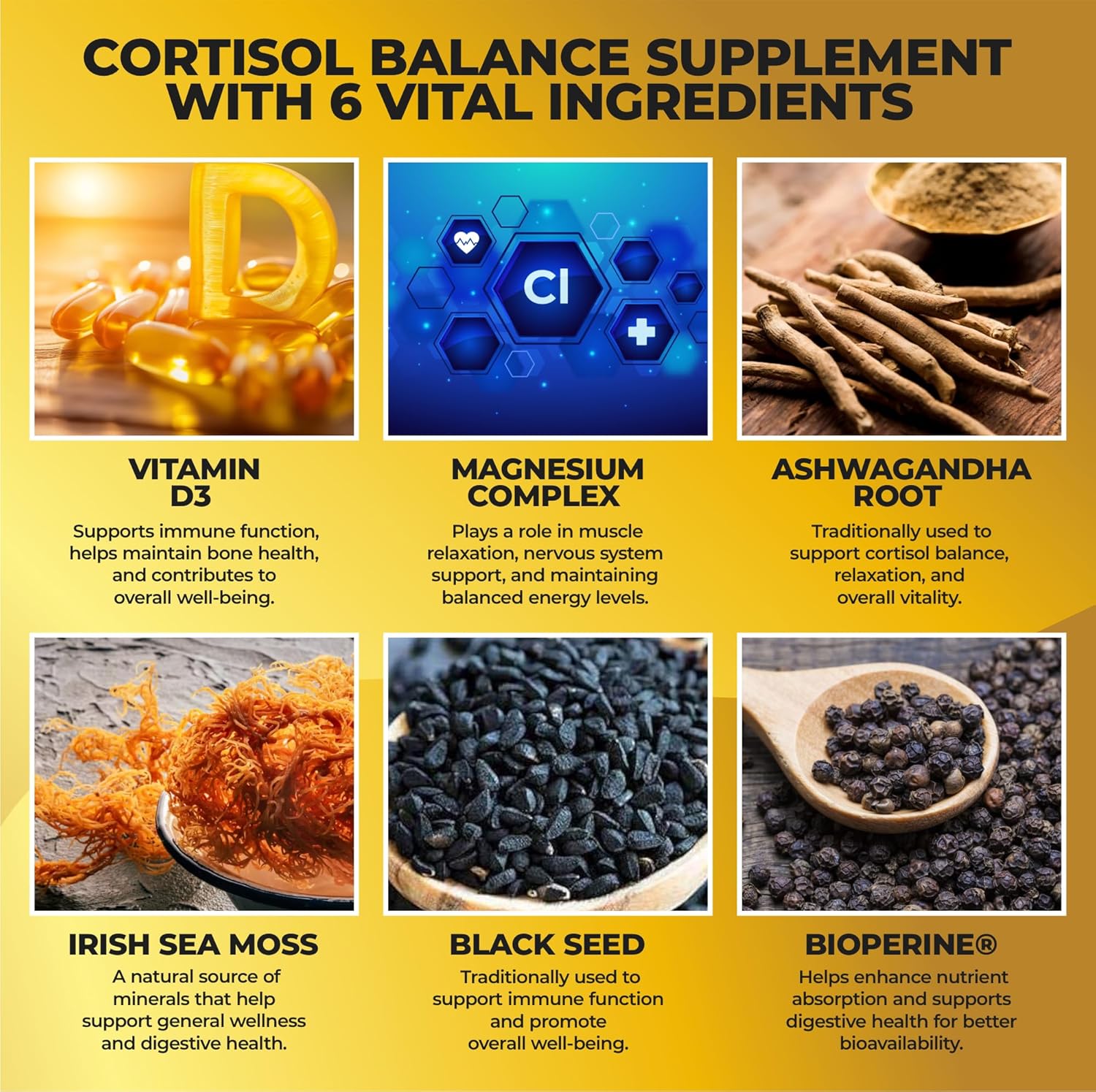 Cortisol Balance and Immune Support Supplement with Ashwagandha, Irish Sea Moss, Black Seed, Vitamin D and Magnesium Complex | Mood Enhancer | Immunity Booster | Stress Relief Pills | 90 Capsules