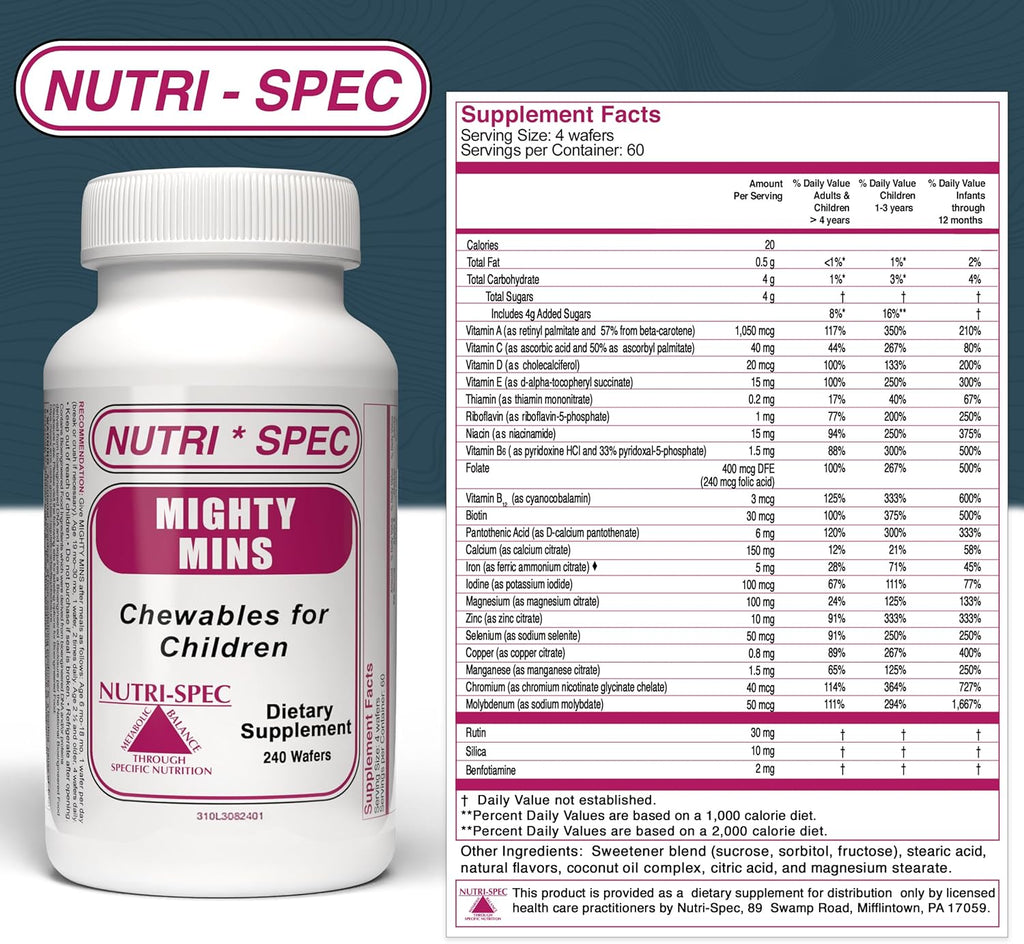 Mighty-Mins - Multivitamin for Kids with Iron in Chewable Form - for Children from 6 Months Through Adolescence - Easier to Absorb, Gentle On Digestion - 240 Wafers
