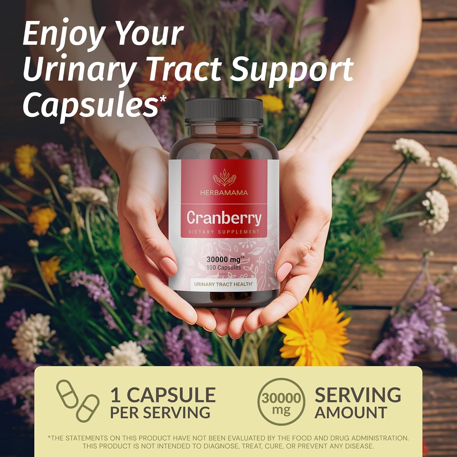 HERBAMAMA Cranberry Extract Capsules - 30,000mg Cranberry Powder for Urinary Tract Support - Vegan, Non-GMO Bladder Support Supplement, 100 Caps (Pack of 2)