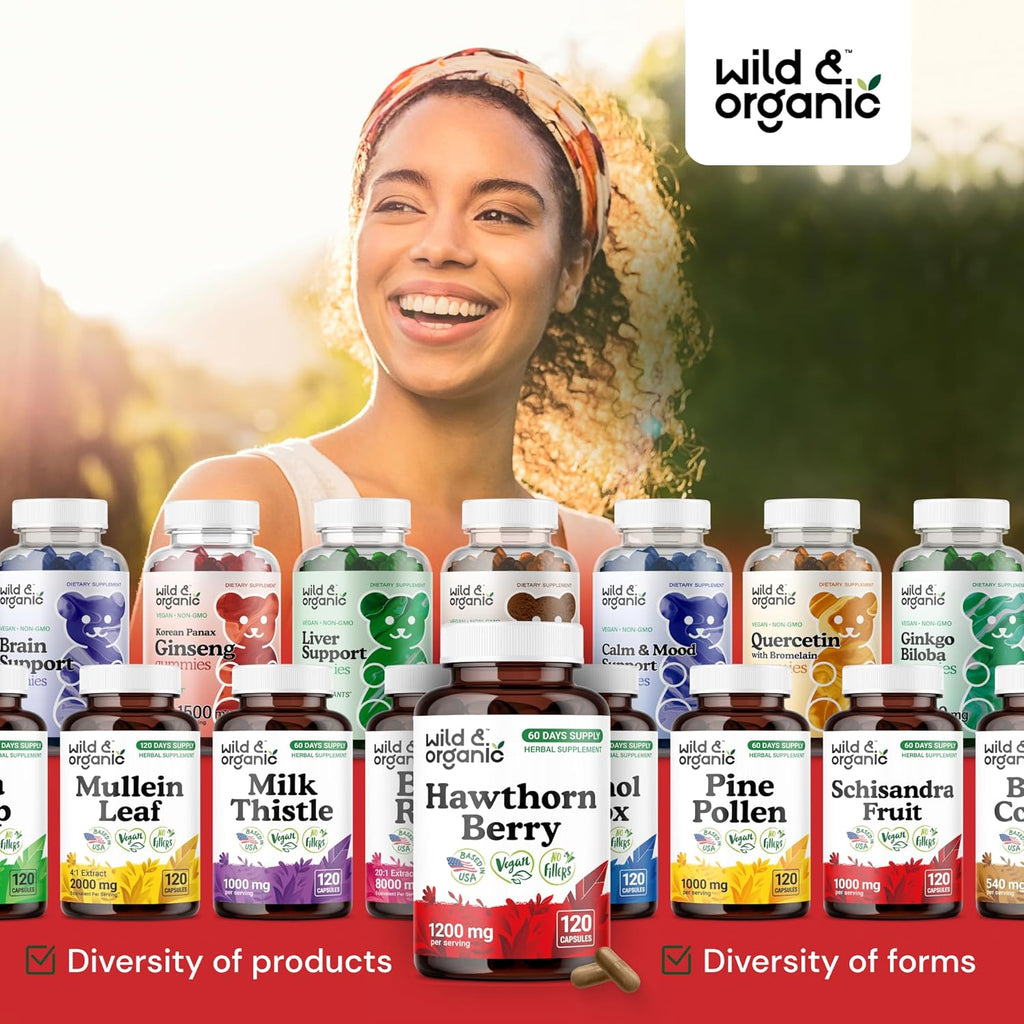 Wild & Organic Hawthorn Berry Capsules 1200 mg - Overall Support - Hawthorn Berry Powder Supplement - Crataegus Monogyna Fruit - 60 Days of Supply - Vegan, No Fillers, Non-GMO - 120 Count