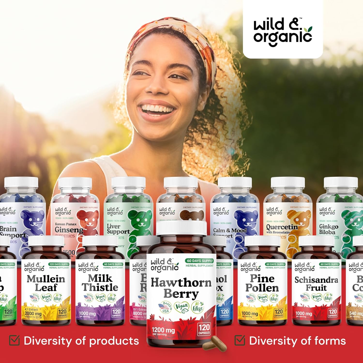Wild & Organic Hawthorn Berry Capsules 1200 mg - Overall Support - Hawthorn Berry Powder Supplement - Crataegus Monogyna Fruit - 60 Days of Supply - Vegan, No Fillers, Non-GMO - 120 Count