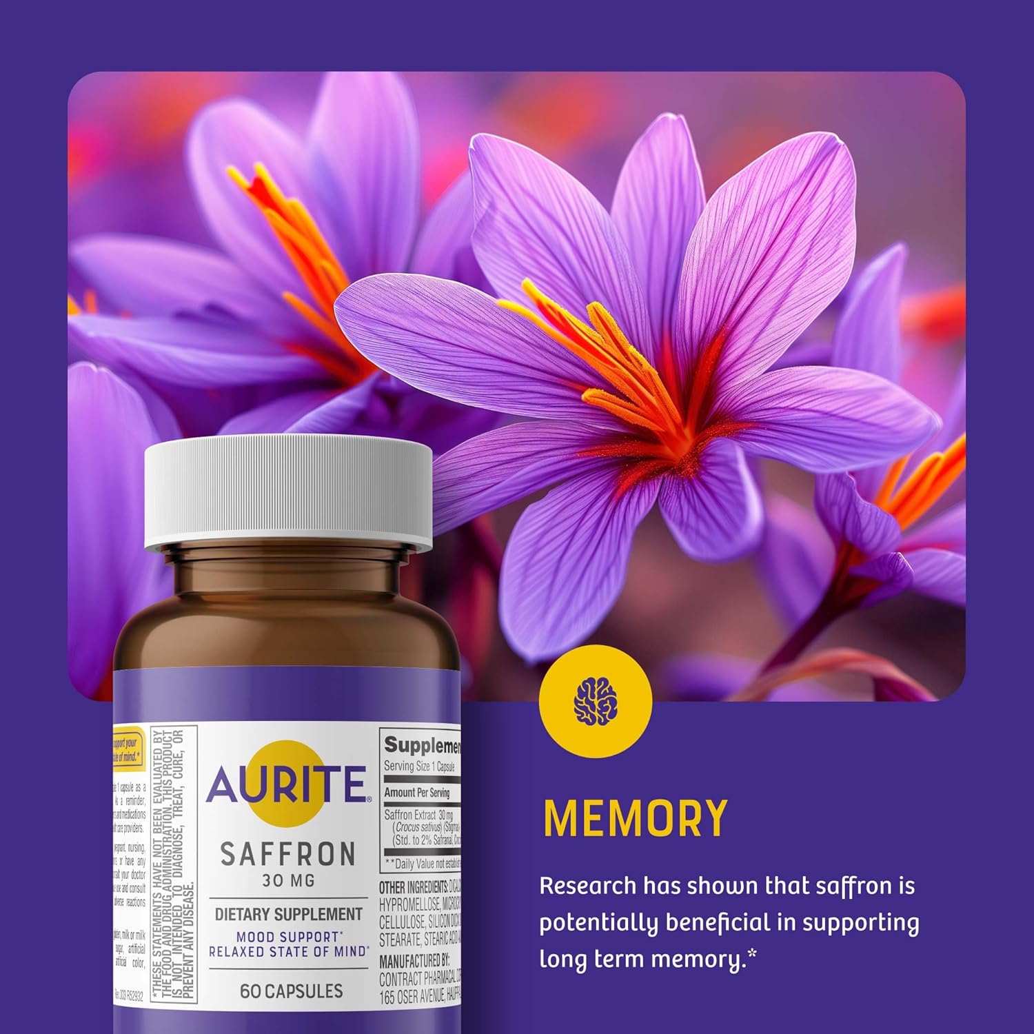 Saffron Supplement | Stress Management, Herbal Mood Support, Long-Term Memory, for Women & Men. 60 Count, Saffron 30mg, Vegetarian Friendly, Non-GMO, Gluten-Free, Soy-Free (2 Months of Supply)