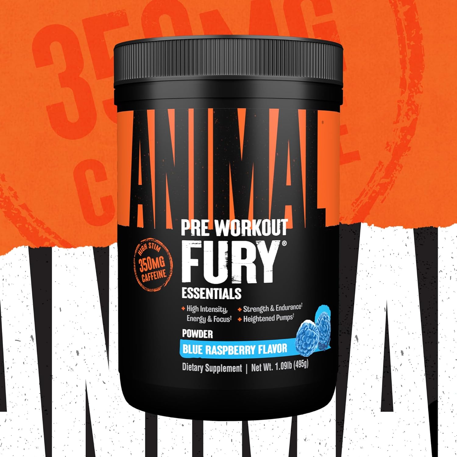 Animal Fury - Pre Workout Powder Supplement for Energy and Focus - 5g BCAA, 350mg Caffeine Nitric Oxide Without Creatine - Powerful Stimulant for Bodybuilders - Blue Raspberry