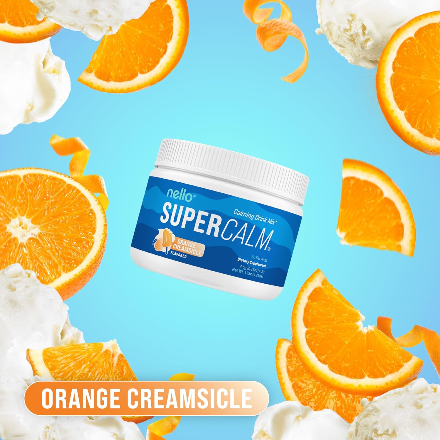 Supercalm Powdered Drink Mix, Orange Creamsicle, L Theanine, Ksm-66 Ashwagandha, Magnesium Glycinate, Vitamin D 3, Supplements for Relaxation & Focus, Natural, No Sugar, Non GMO, 30 Srvgs