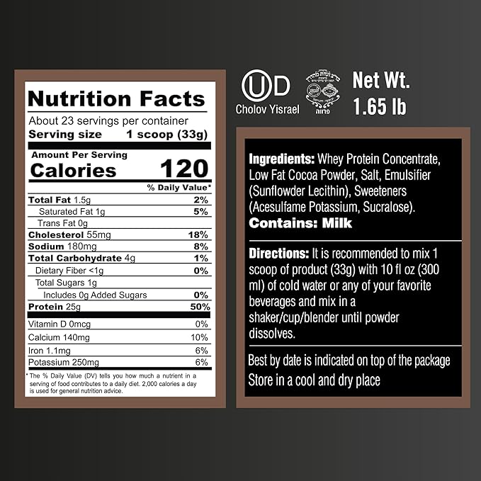 Dark Chocolate Whey Protein Powder. 25g Protein Shake for Post Workout Recovery, Smoothie & Baking. Gluten & Sugar Free, Highly Kosher, With Amino Acids (5.5g BCAA, 2.7g Leucine), 1.65lbs, 23 Servings