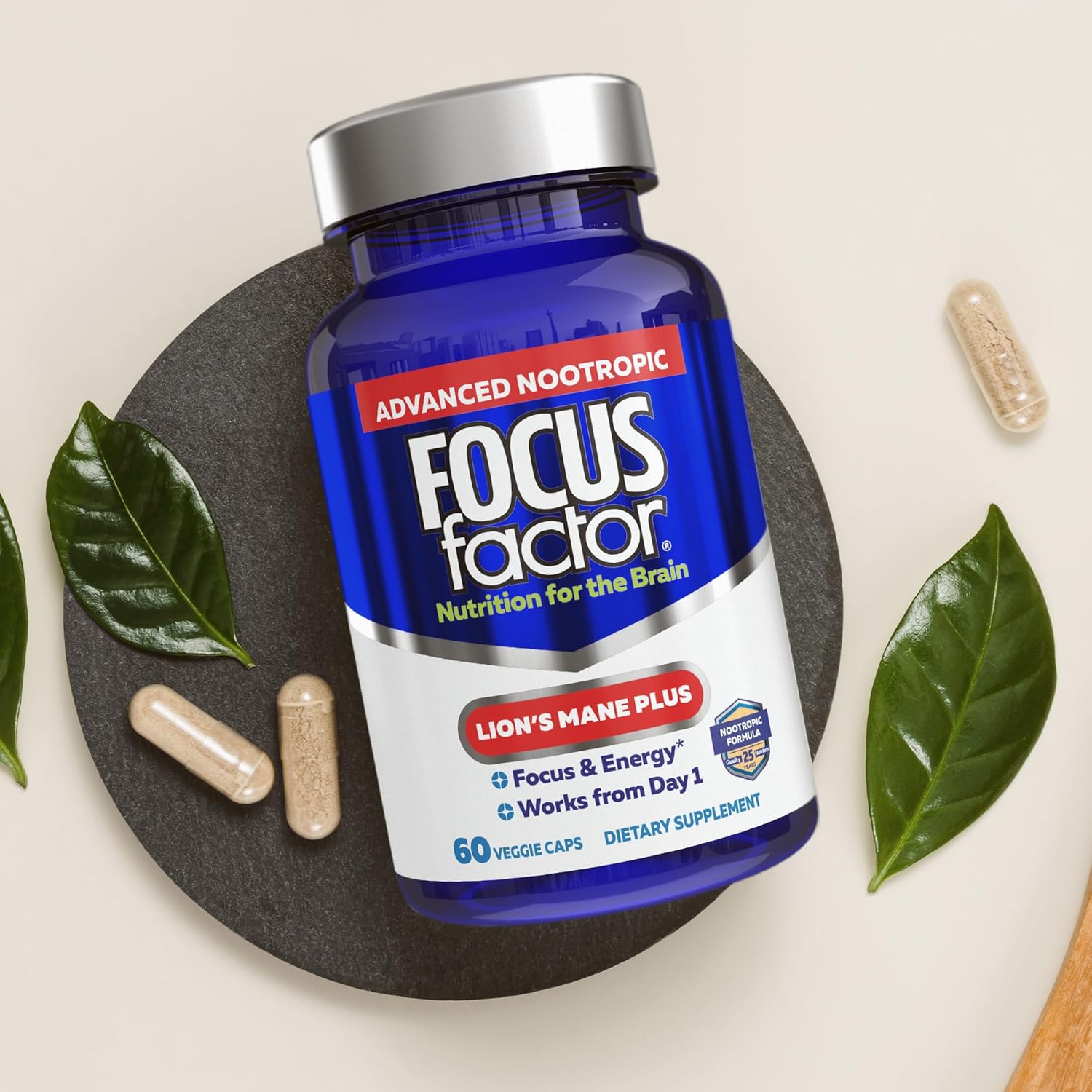 Focus Factor Lions Mane Plus, Advanced Nootropic with L-Theanine, Caffeine, Focus and Energy (60 Count)