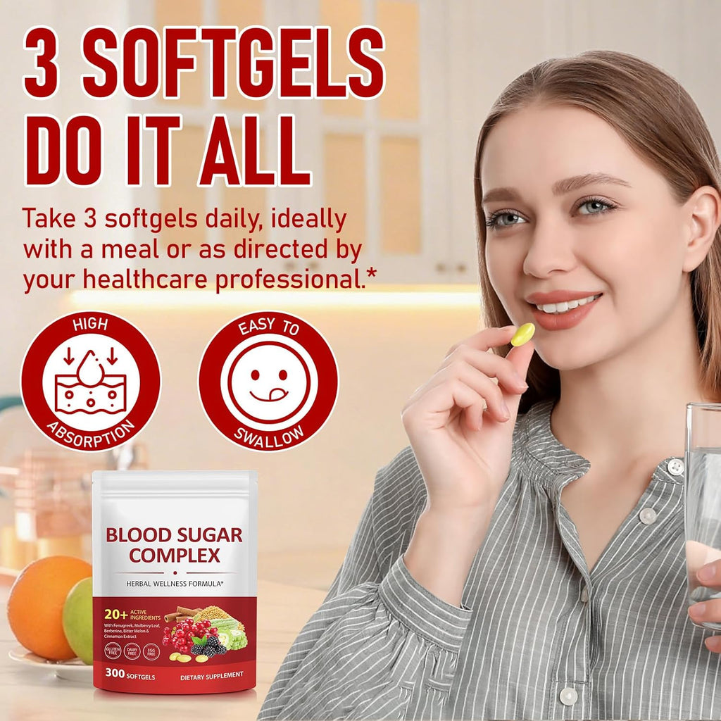 300 Softgels Blood Sugar Complex Supplement | 20+ Active Natural Herbs-Cinnamon, Bitter Melon, Mulberry Leaf, Fenugreek, Berberine, Vitamins for Energy Level, Vitality Support | Clean Ingredients
