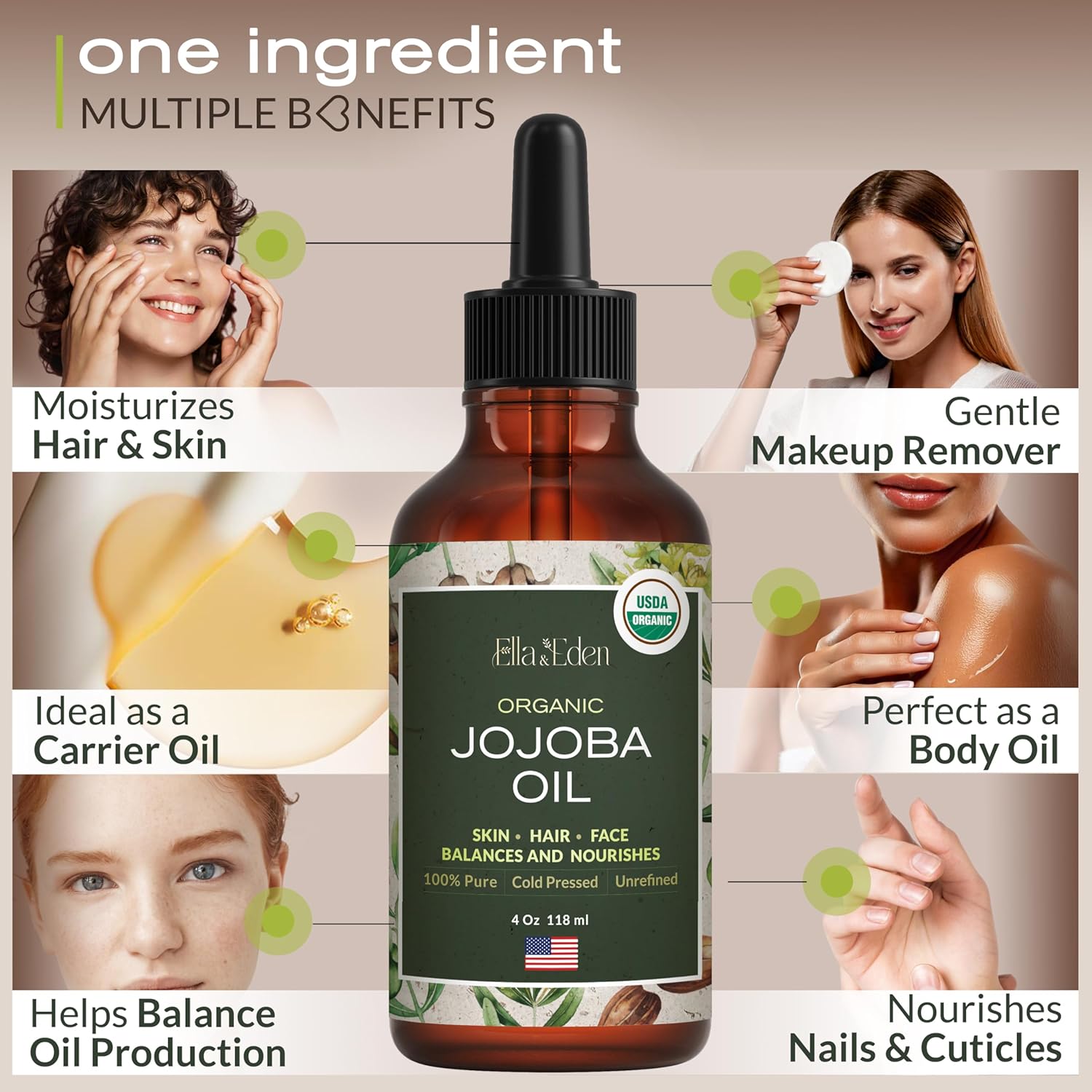 Ella & Eden Organic Jojoba Oil for Hair, Skin, Face & Nails | Cold-Pressed & Unrefined, USDA Certified, 100% Pure, Hexane-Free, Glass Bottle – 4 Oz