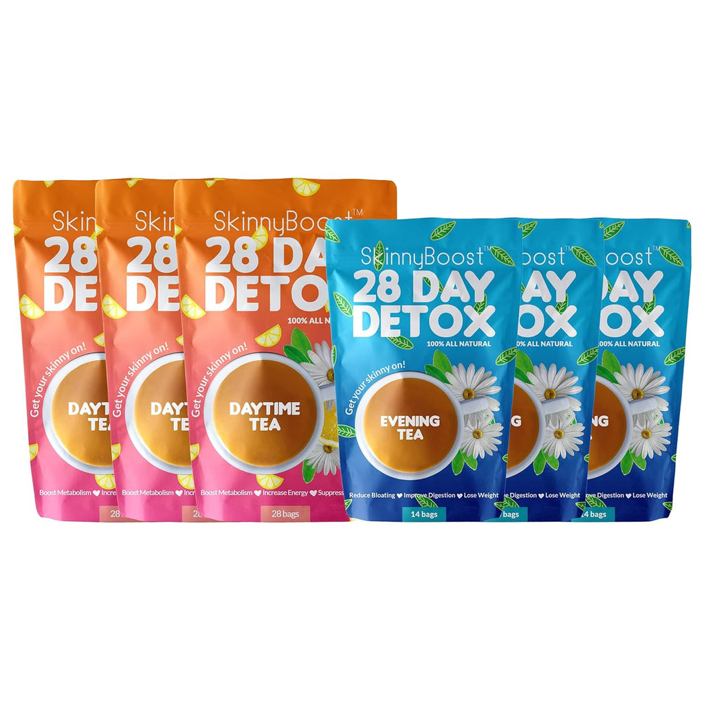 SkinnyBoost 28 Day Detox Tea Kit – Natural Cleansing & Bloating Support – 3 Pack - 28 Daytime Tea Bags & 14 Evening Tea Bags – Green Tea & Herbal Blend – Non-GMO, Vegan, Keto-Friendly, Sugar-Free