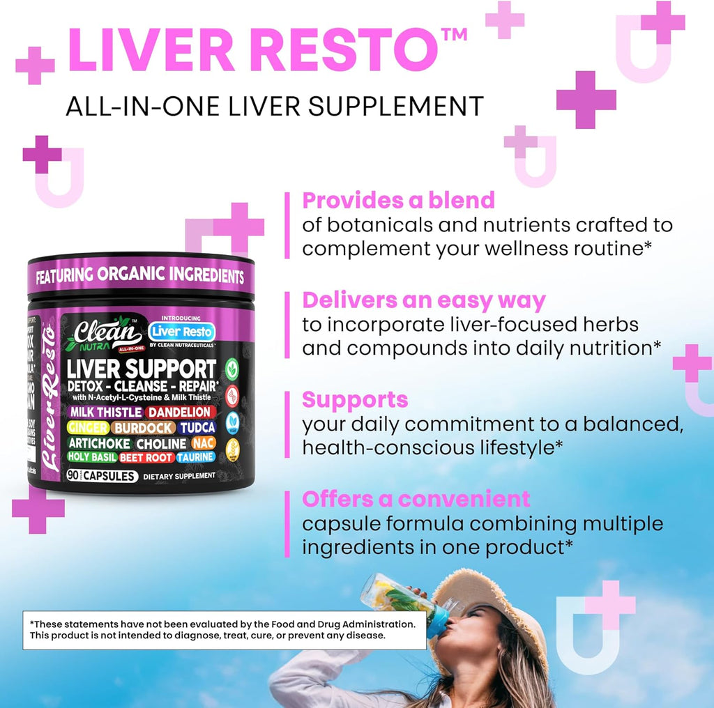 Clean Nutra Liver Cleanse Detox & Repair Supplement Milk Thistle, NAC, TUDCA, Dandelion Root, Artichoke, Choline, Ginger, Beet Root, Burdock, Taurine, Liver Resto 90 Capsules