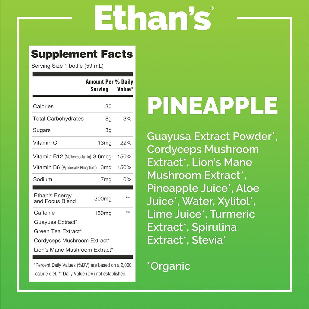 Ethan's Organic Clean Energy Shots Pineapple, Sugar Free Natural Pre-Workout Focus Boost, Gluten Free, Vegan, B6 & B12 Vitamin C with Green Tea Extract and Guayusa (6 Pack of 2oz Shots)