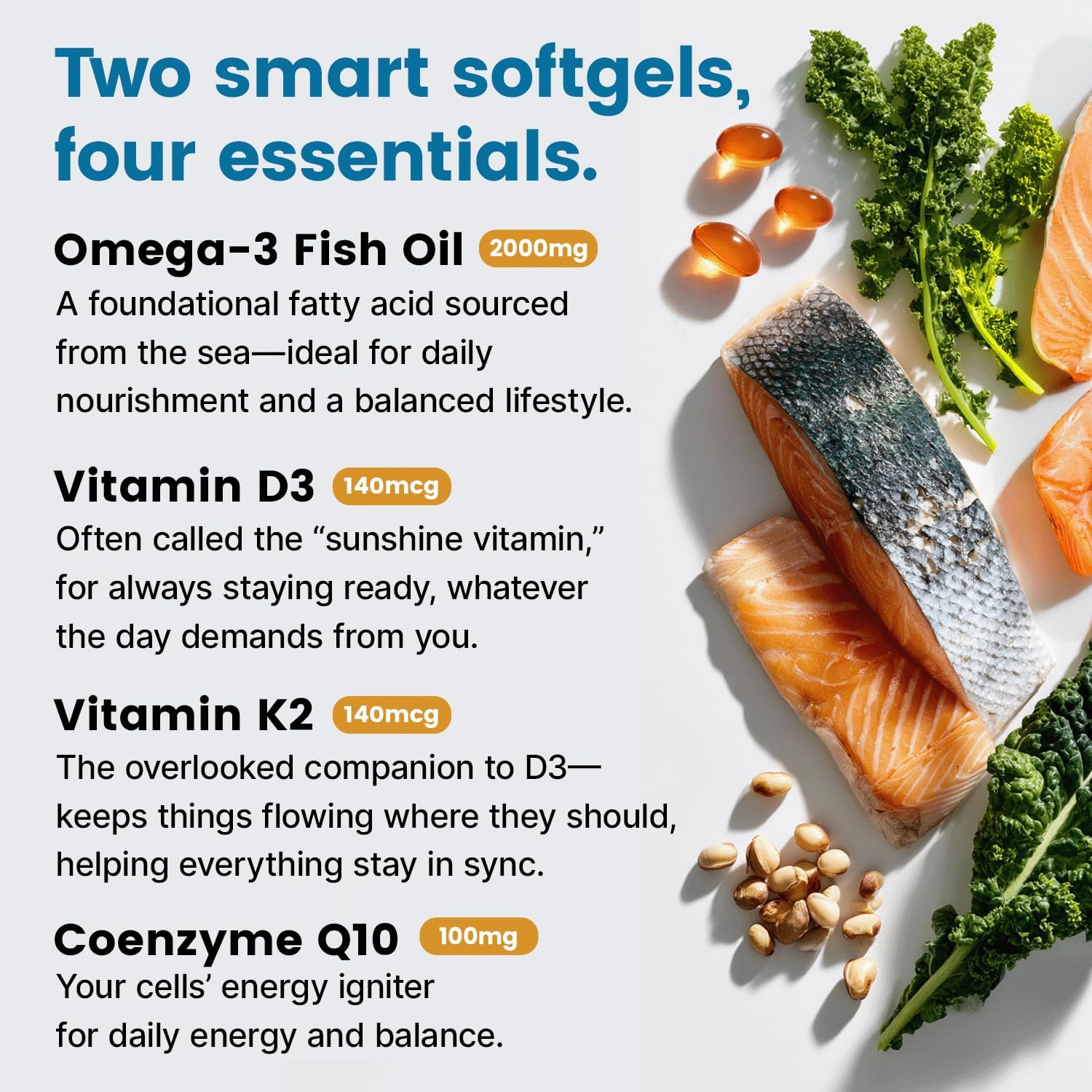 4-in-1 Fish Oil Omega 3 Fatty Supplements (2100mg) - Omega 3 Fish Oil with Vitamins D3 K2 and CoQ10 - Lemon Flavored (120 softgels, Pack of 3)