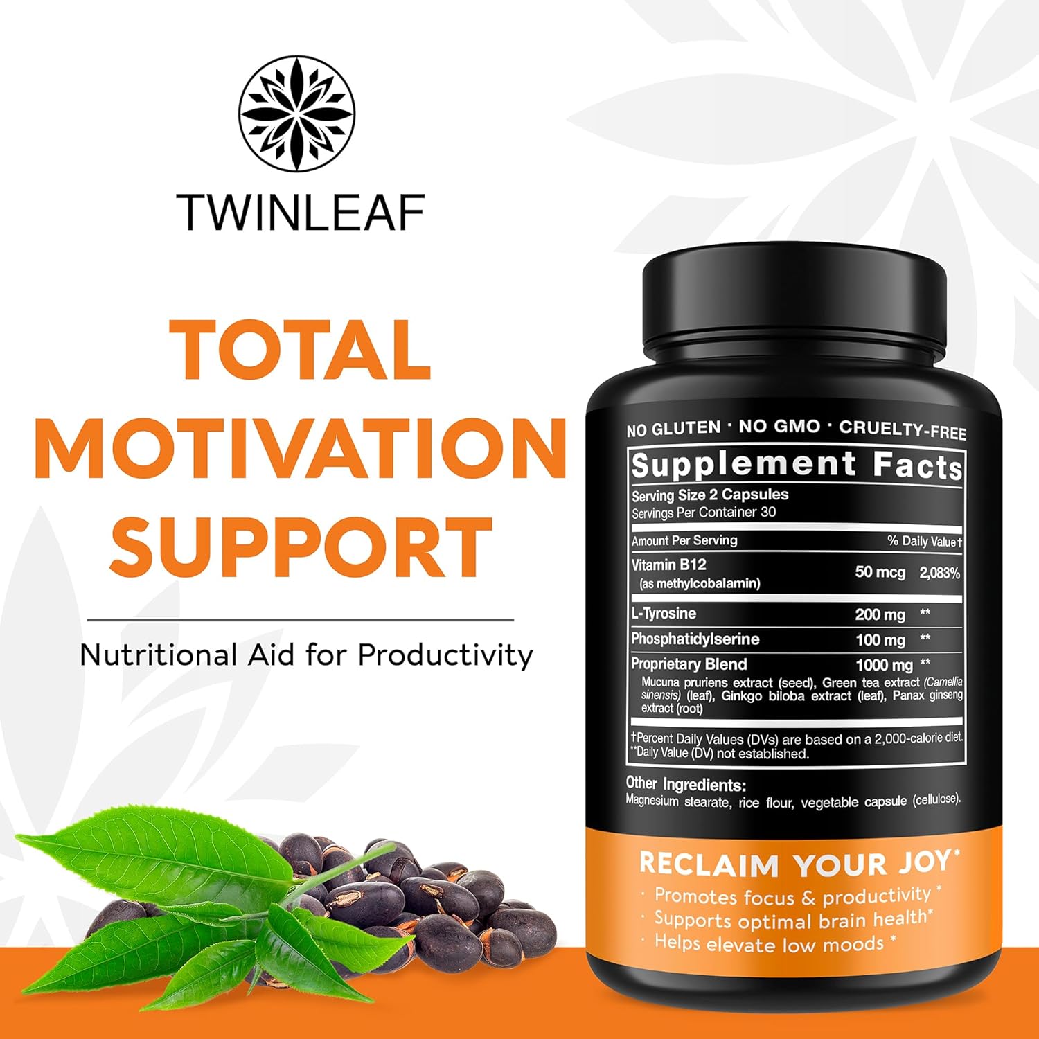 TWINLEAF Dopamine Brain Support Supplement, 1000 mg Blend - Made in USA - with Vitamin B12 and L-Tyrosine - Enhance Mental Well-Being - 60 Capsules