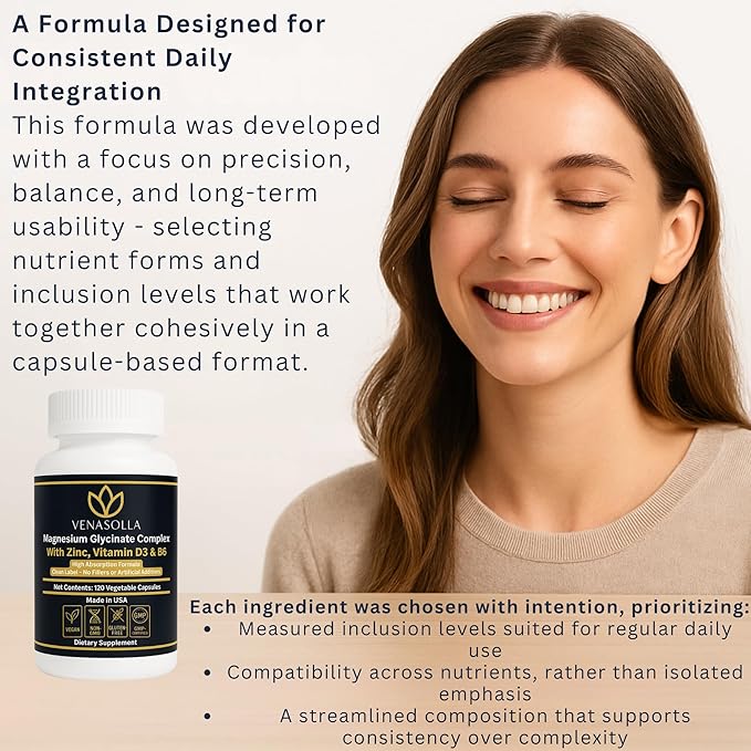 Magnesium Glycinate Complex 4-in-1 - Chelated Magnesium Bisglycinate (150 mg Elemental) with Zinc Picolinate, Vitamin D3 & B6-120 Vegan Capsules, Non-GMO - Men & Women