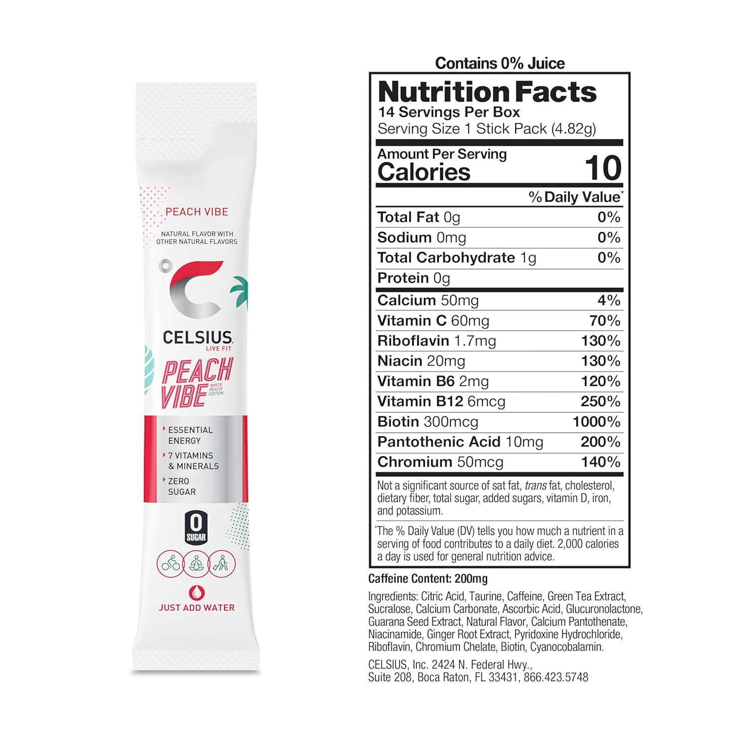CELSIUS On The Go PEACH VIBE, Sugar Free Energy Drink Mix (14 Sticks per Pack)