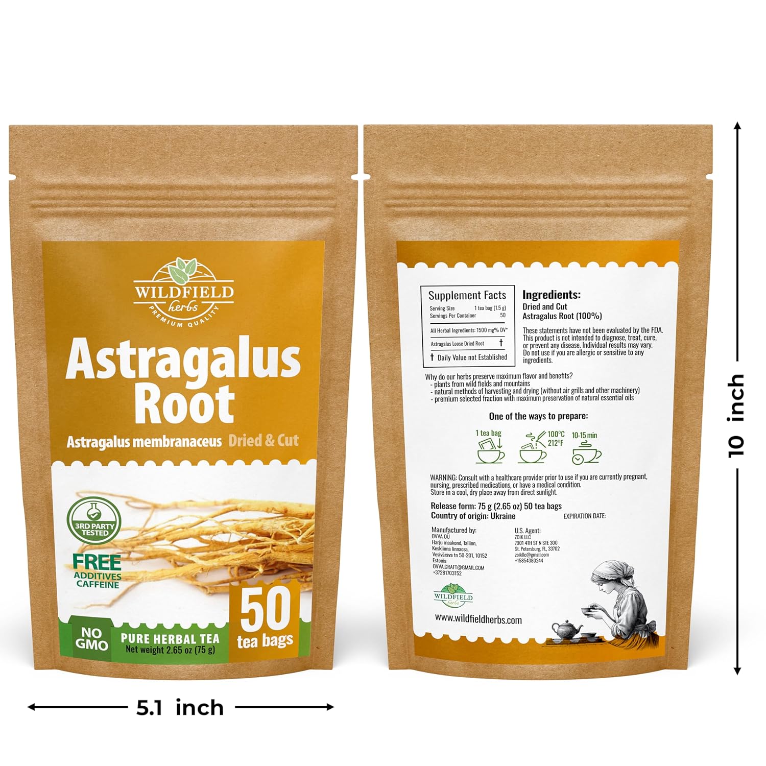 WILDFIELD HERBS 50 Bags Astragalus Root Herbal Tea – 50 Tea Bags 1.5g Astragalus Root Huang Qi