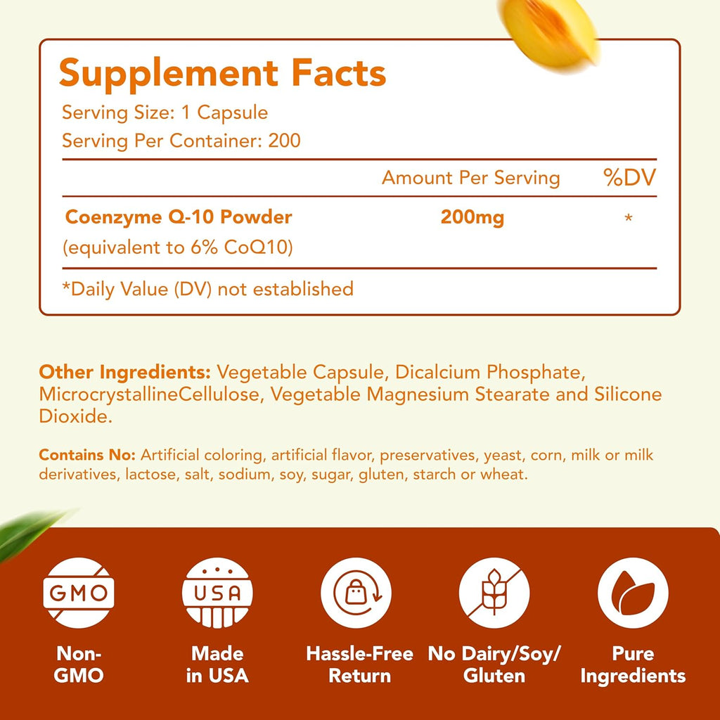 Coenzyme Q10 200mg CoQ10 Supplement - Once Daily Coq 10 200mg Powder Capsules for Healthy Heart Antioxidant and Energy Support - Non-GMO Quick Absorption Ubiquinone Q10 Coenzyme (400 Servings)