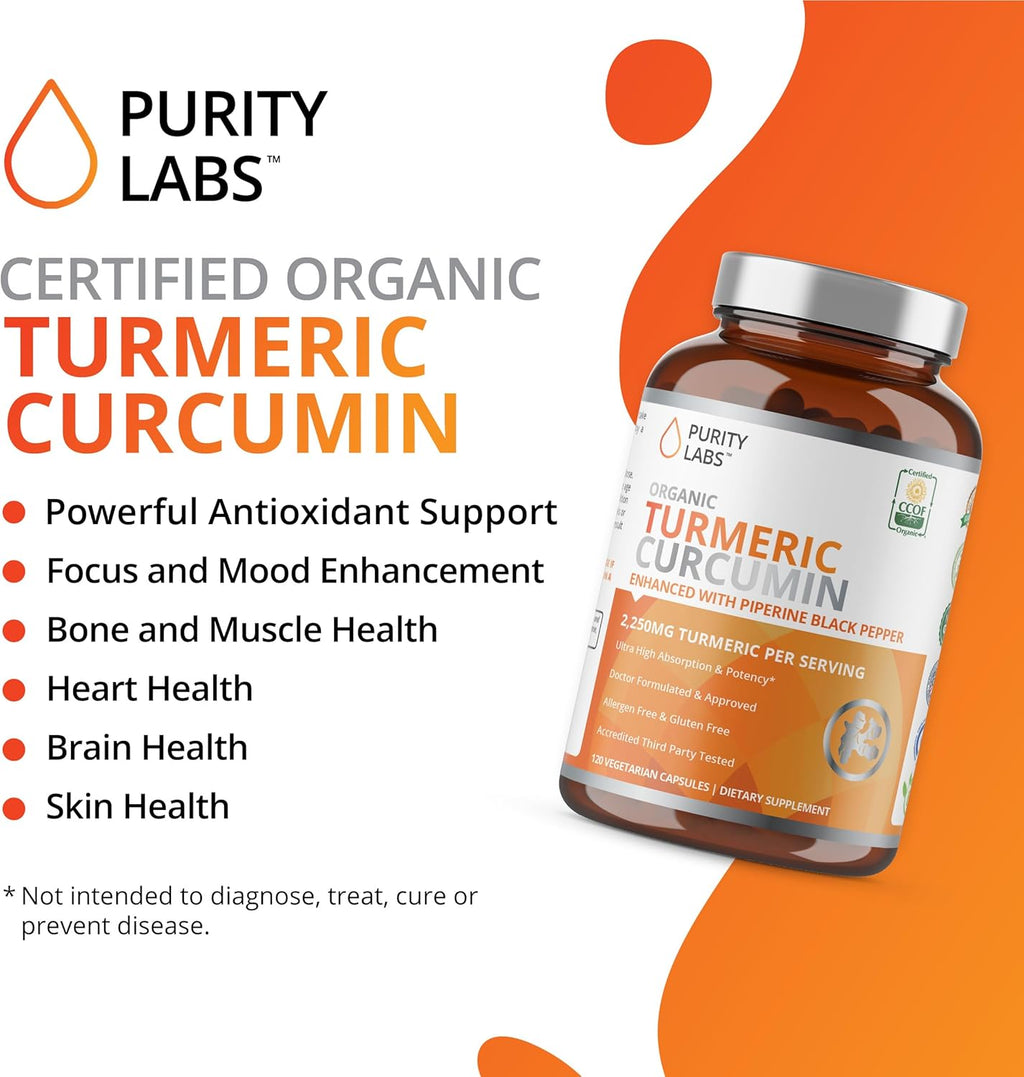 Organic Turmeric Curcumin with Black Pepper Bioperine 2,250 MG/Serving, 95% curcuminoids - Antioxidant Joint Supplement, Muscle & Brain Support - Turmeric Supplement, Non-GMO, Vegetarian, 120 Capsules