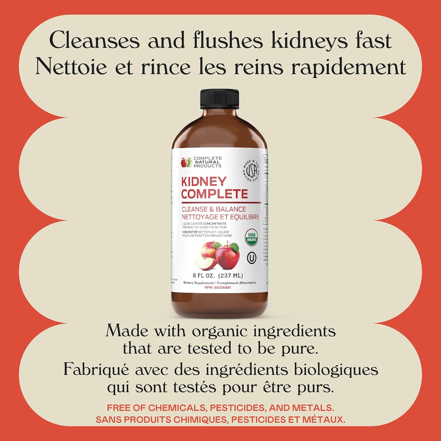 Complete Natural Products Kidney Complete - 8oz Organic Liquid for Kidney Support, Cleanse, and Detox with Apple Cider Vinegar, Lemon, & Organic Chanca Piedra.