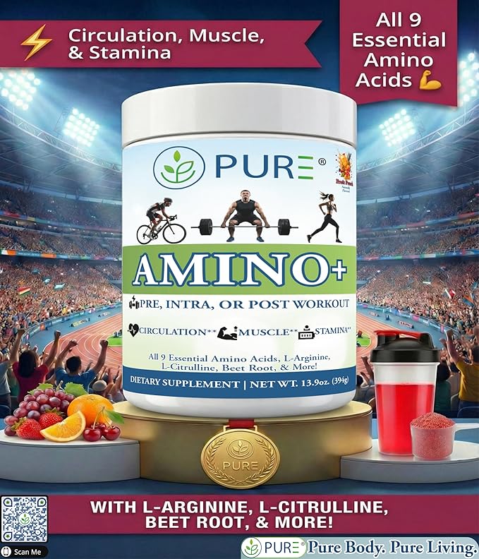 PURE Amino+ Drink Mix, Fruit Splash, 9 Essential Amino Acids, L-Arginine, L-Citrulline, 501g, 30 Servings, Premium Wellness Supplement