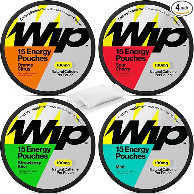 Wip Energy Pouches | 100mg Natural Caffeine | Vitamins and Minerals | 4 Pack Assorted: Sour Cherry, Mint, Orange Citrus, Strawberry Kiwi