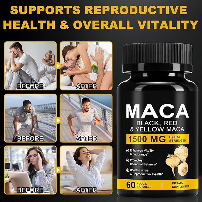 Organic Maca Root Powder Capsules 1500 mg with Black + Red + Yellow Peruvian Maca Root Extract Supplement for Men and Women - 60 Vegan Capsules