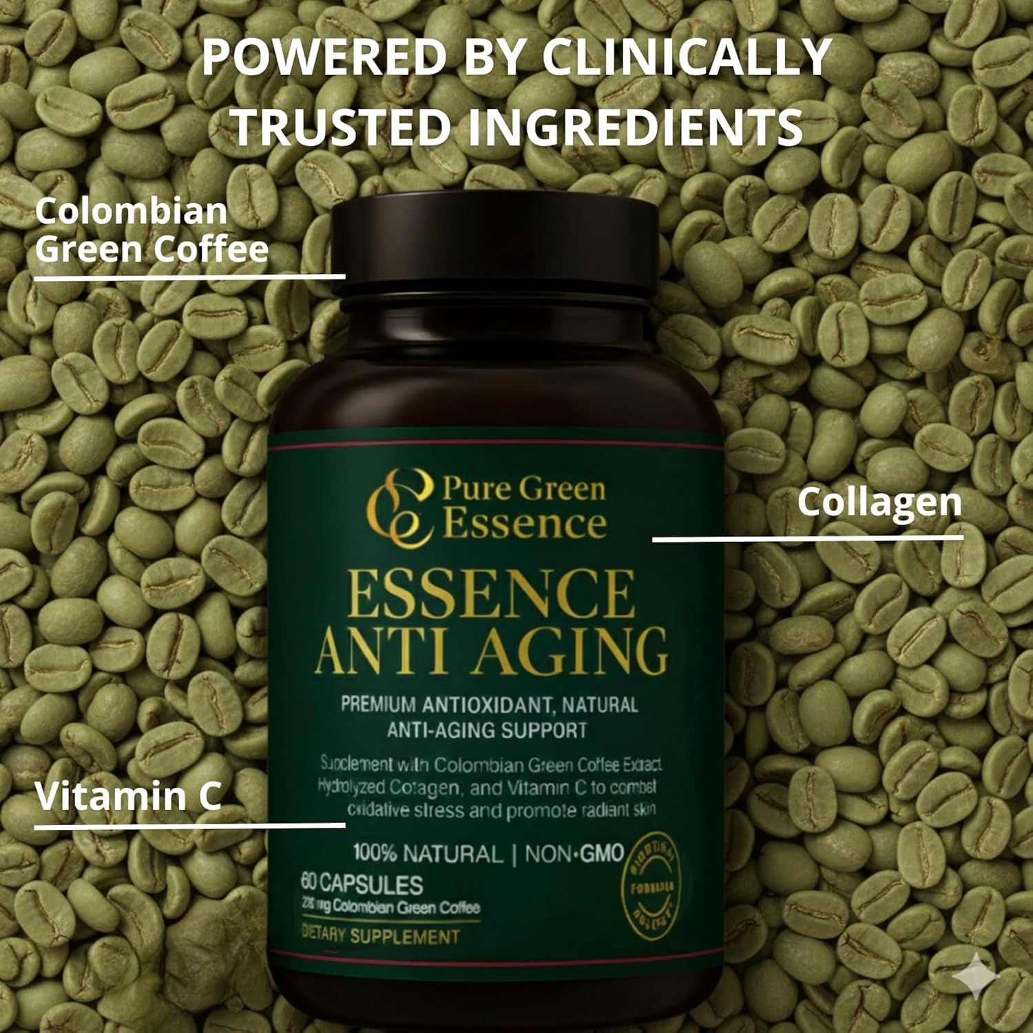 Anti-Ageing with Colombian Green Coffee Extract, Hydrolyzed Collagen, and Vitamin C (60 Capsules)