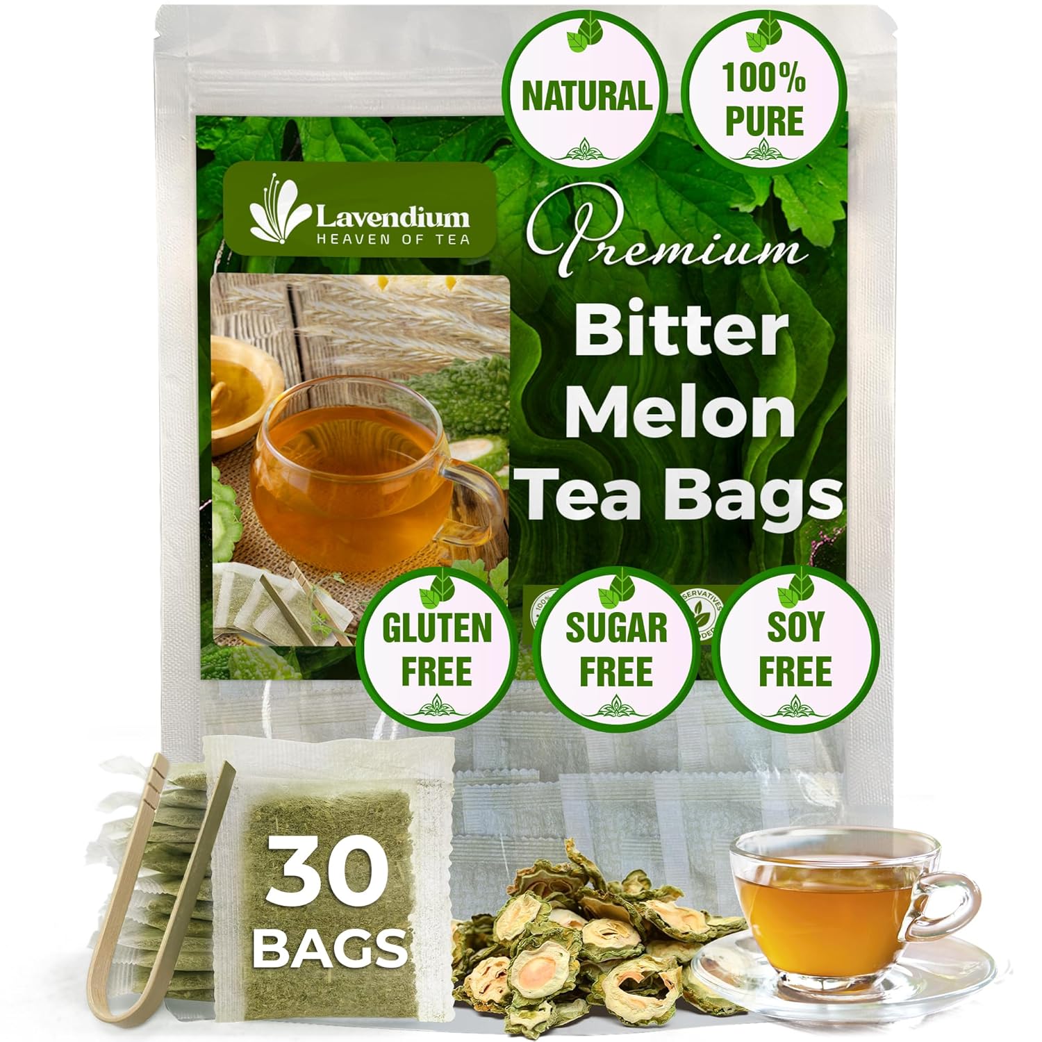Lavendium, Premium 30 Tea Bags Bitter Melon Fruit Herbal Tea, 100% Natural and Pure, Hand-made, Made With Natural Materials-Corn Fiber Tea Bag, Sugar Free. Caffeine Free. Gluten Free. Vegan