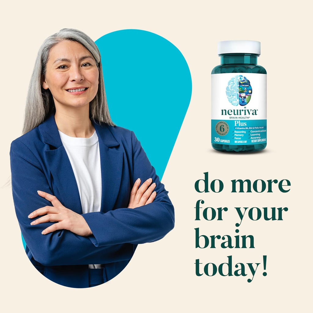 NEURIVA Plus Brain Supplement for Memory and Focus Clinically Tested Nootropics for Concentration for Mental Clarity, Cognitive Enhancement Vitamins B6, B12, Phosphatidylserine 30 Capsules