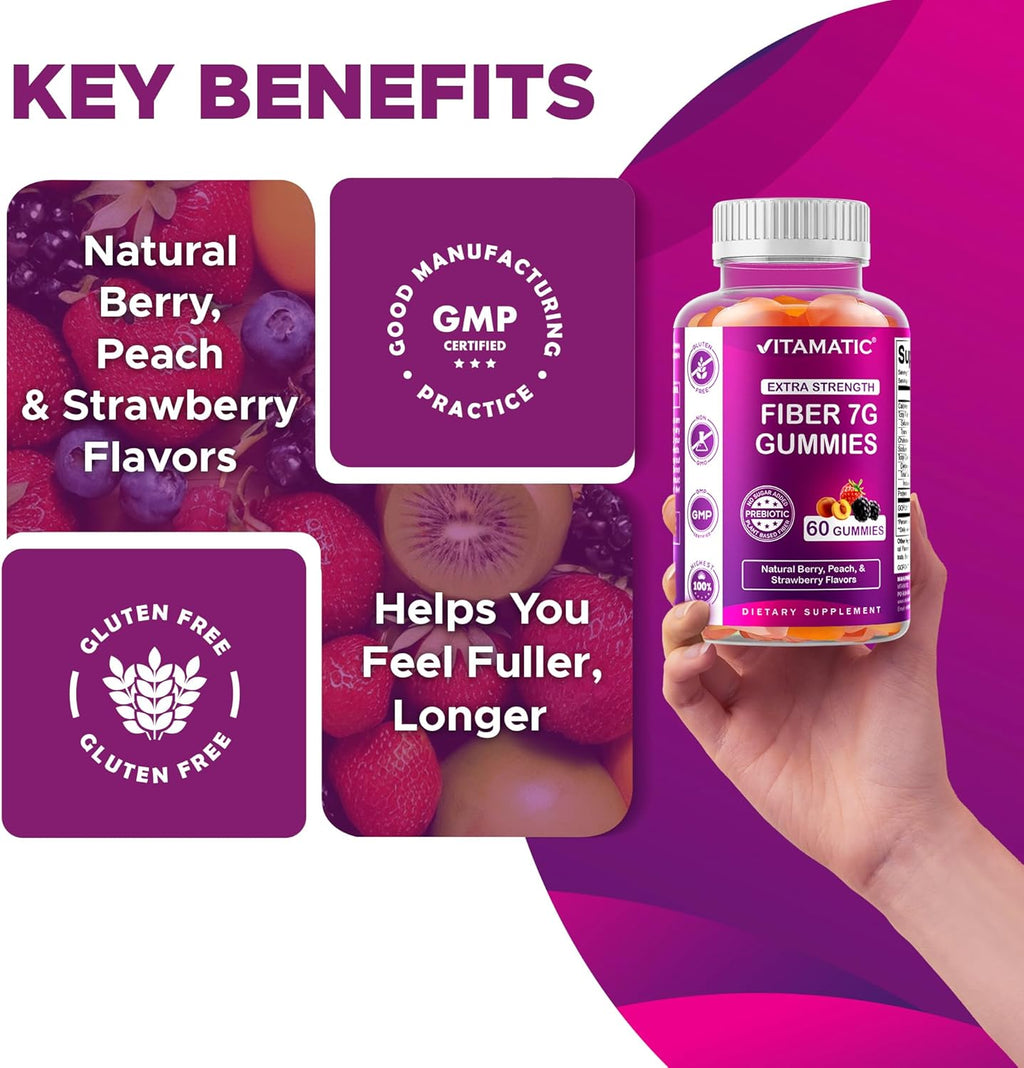 Vitamatic Prebiotic Fiber Gummies for Digestive Health & Regularity, Extra Strength, 7g Fiber per Serving, Zero Sugar Added, Made in USA, 60 Count (2 Pack)