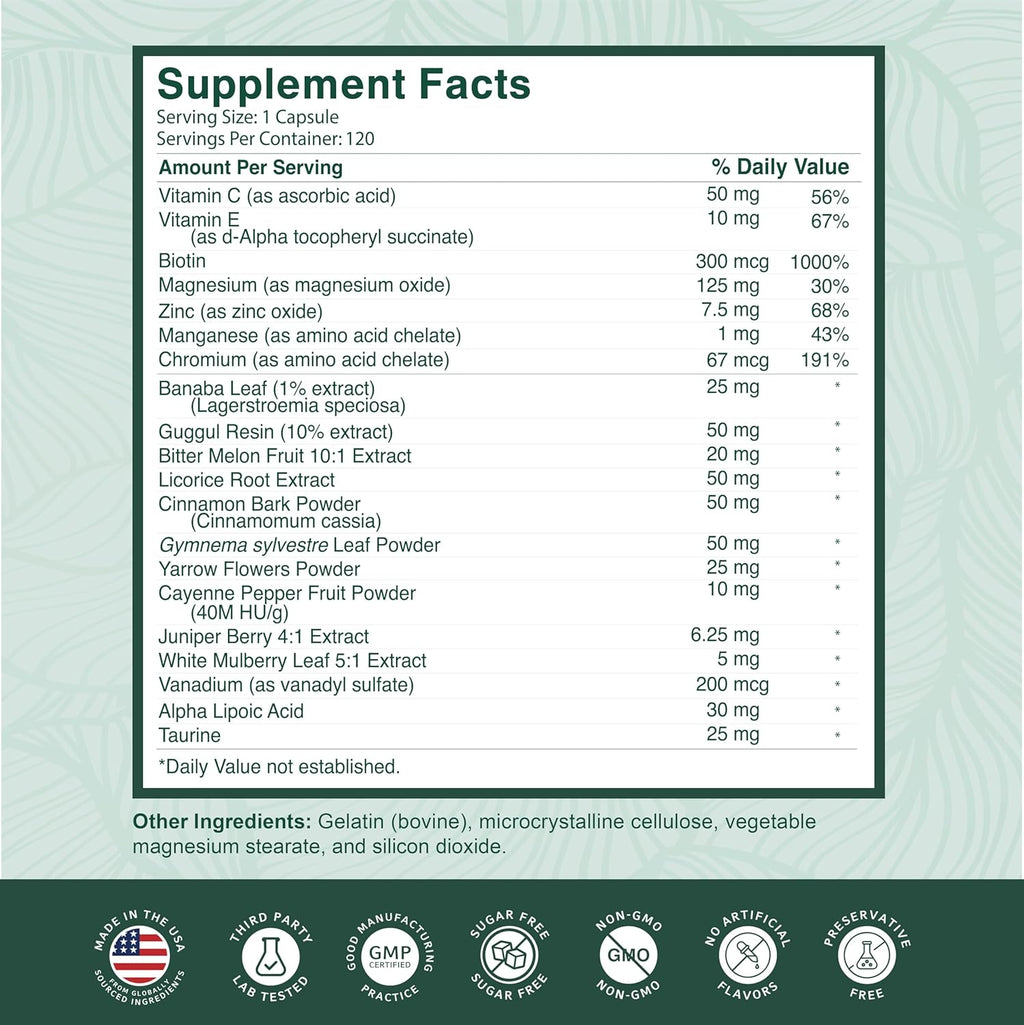 PurePremium Normal Blood Sugar Support Supplement - 20 Active Ingredients Complex to Support Blood Sugar Levels Already in The Normal Range - with Cinnamon, Bitter Melon, Chromium, Mulberry - 120ct