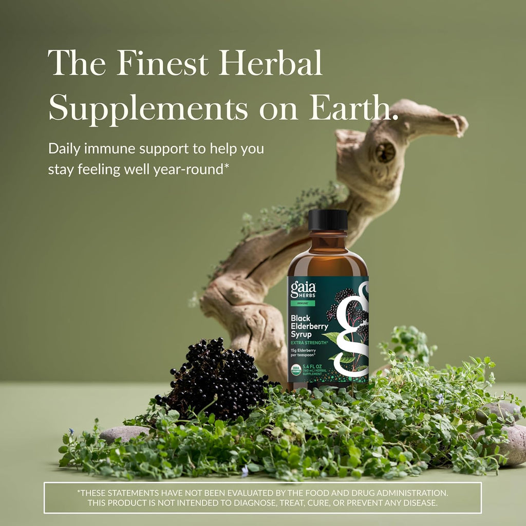Gaia Herbs Black Elderberry(Sambucus Nigra)Syrup Extra Strength-Immune Support Supplement-Made with Organic Black Elderberries for Immune System-USDA Certified Organic Formula-5.4 Fl Oz(32-Day Supply)