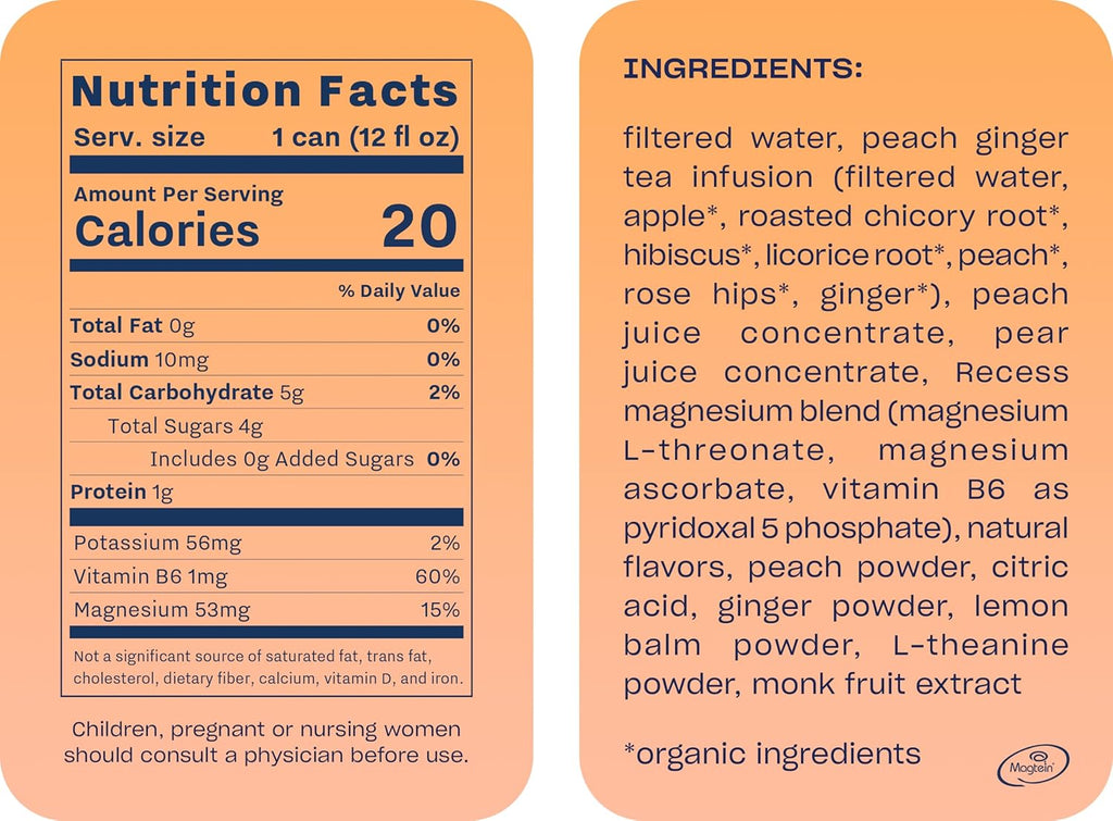 Recess Mood Magnesium & Adaptogen Drink, Relaxation Beverage, 12 ounce (Peach Ginger, 12 pack)