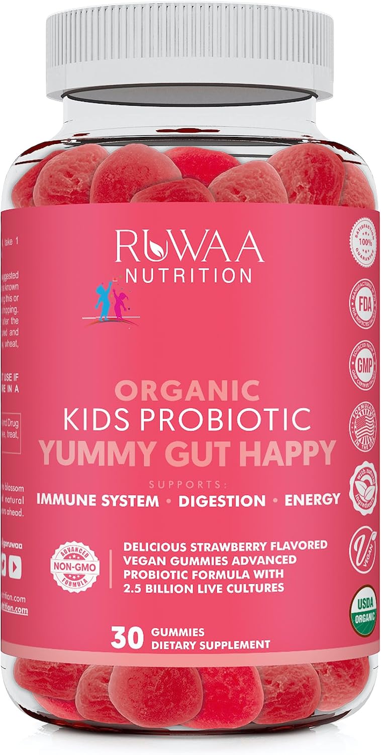 Kids Probiotic Gummies, Organic Probiotics Kids for Digestive Health, Immune Support, Constipation, Bloating. 2.5 Billion CFU, Strawberry Flavor, Chewable Probiotics for Children Ages 4+, 30ct (1)