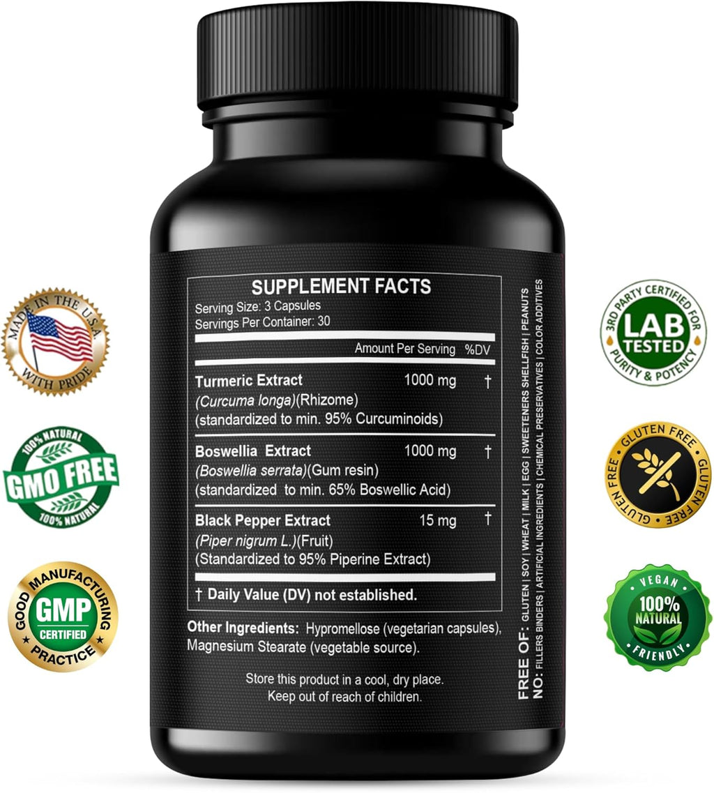 Turmeric Boswellia Extract Supplement 2000 mg – Extra Strength Boswellia Serrata with Turmeric Curcumin - 95% Curcuminoids and 65% Boswellic Acid - Standardized High Potency - Made in USA