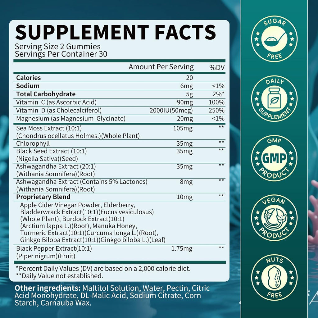 Sea Moss Black Seed Oil Ashwagandha Gummies, Irish Sea Moss Multimineral Supplement with Turmeric, Magnesium, Chlorophyll, Elderberry, Manuka Honey, Bladderwrack, Burdock Root, Vegan