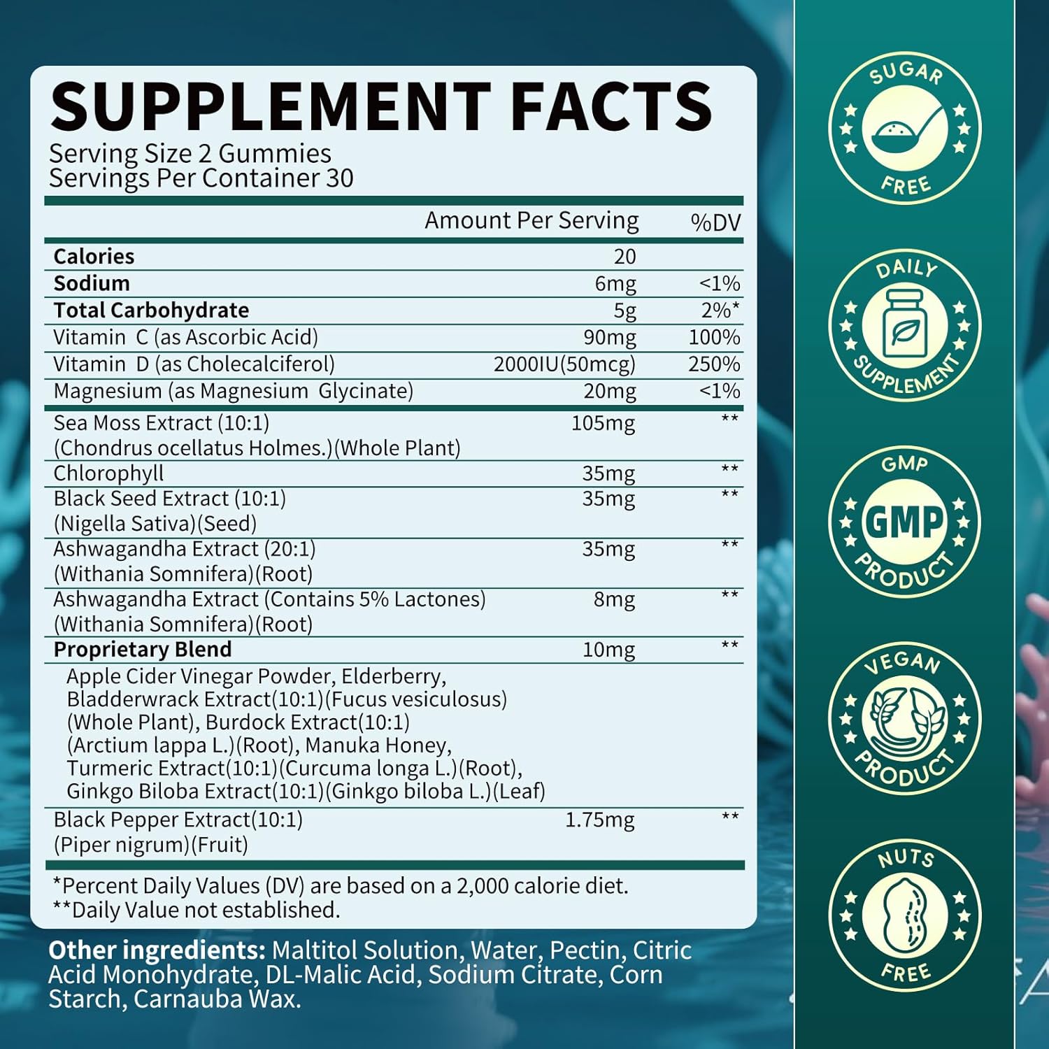 Sea Moss Black Seed Oil Ashwagandha Gummies, Irish Sea Moss Multimineral Supplement with Turmeric, Magnesium, Chlorophyll, Elderberry, Manuka Honey, Bladderwrack, Burdock Root, Vegan